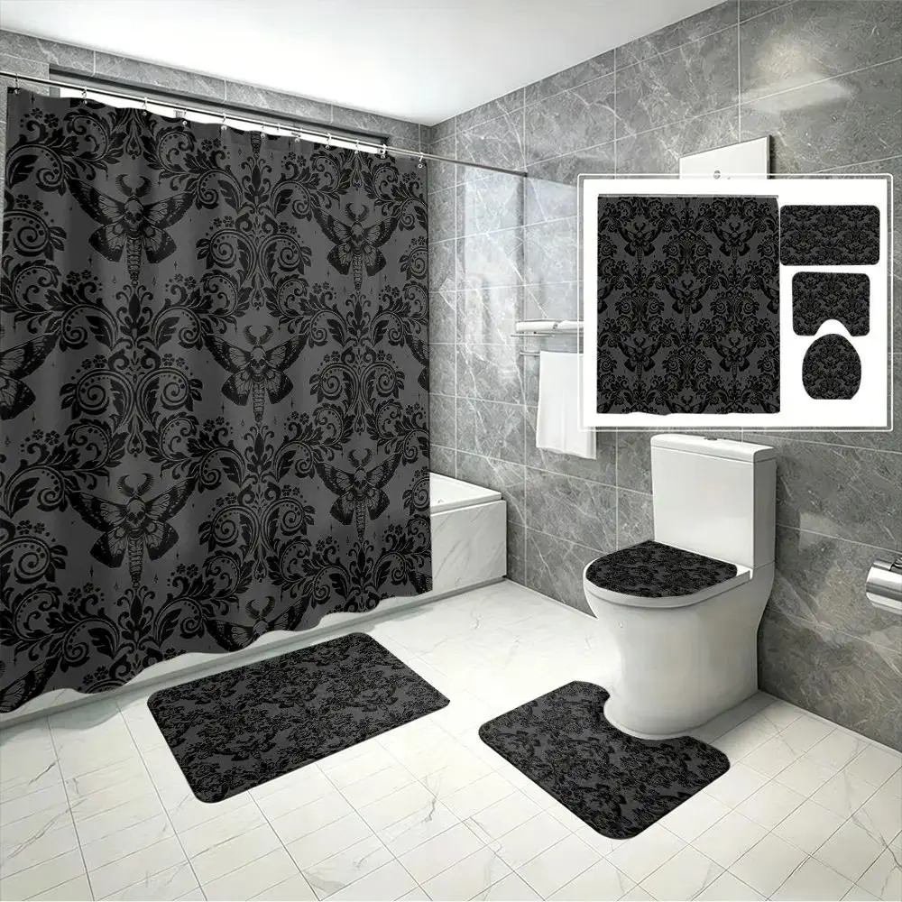1/4 set Gothic Skull Moth Damask Print Shower Curtain Set, Dark Vintage Floral Aesthetic, Spooky Halloween Bathroom Decor, The floor mat fabric is thicker and softer! Soft Floor Mat Fabric