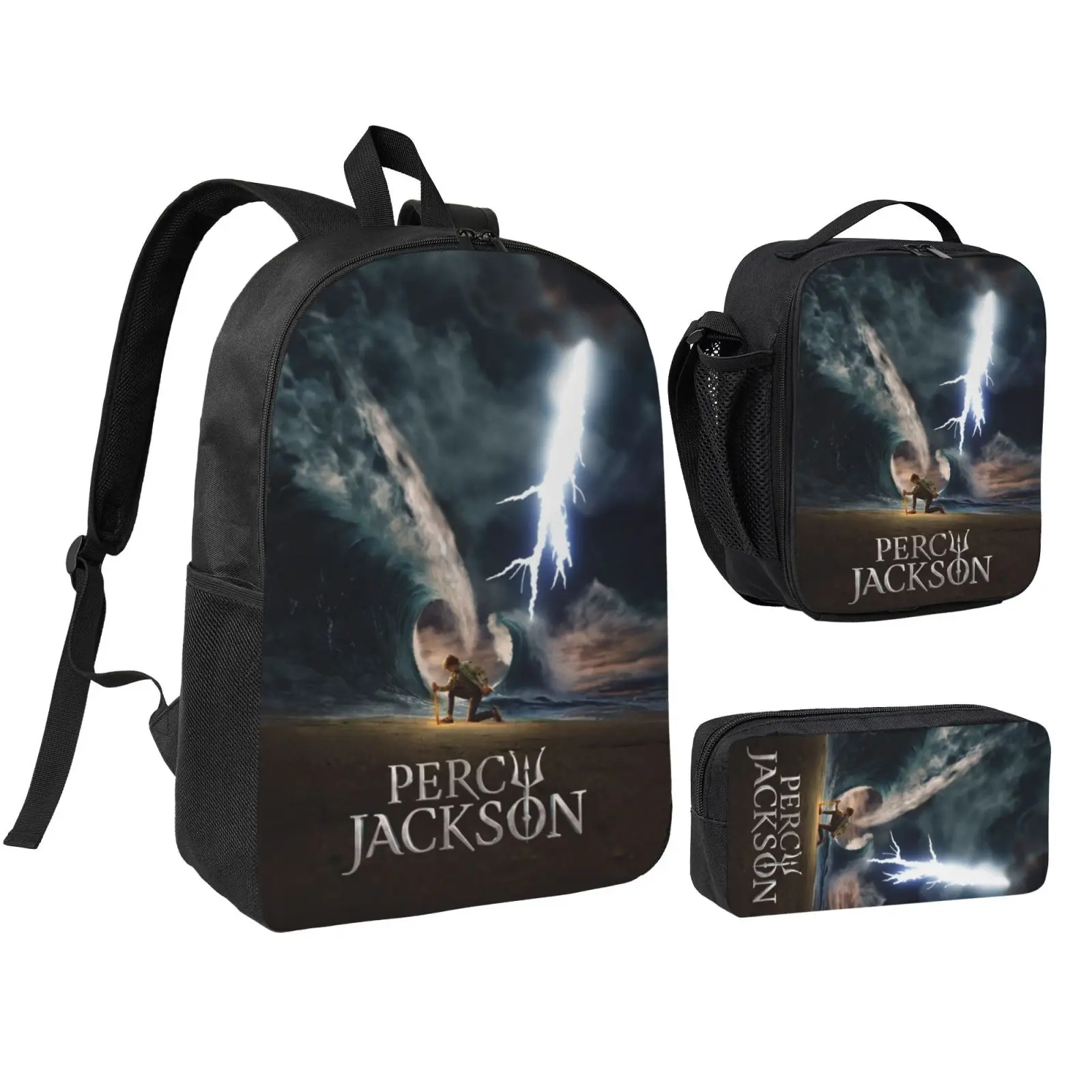 Anime Percy Jackson2 3Pcs School Backpack Set for Teens Boys Girls, Adjustable Strap Kids Bookbag with Insulated Lunch Bag & Pencil Case, Lightweight Travel Office Daypack