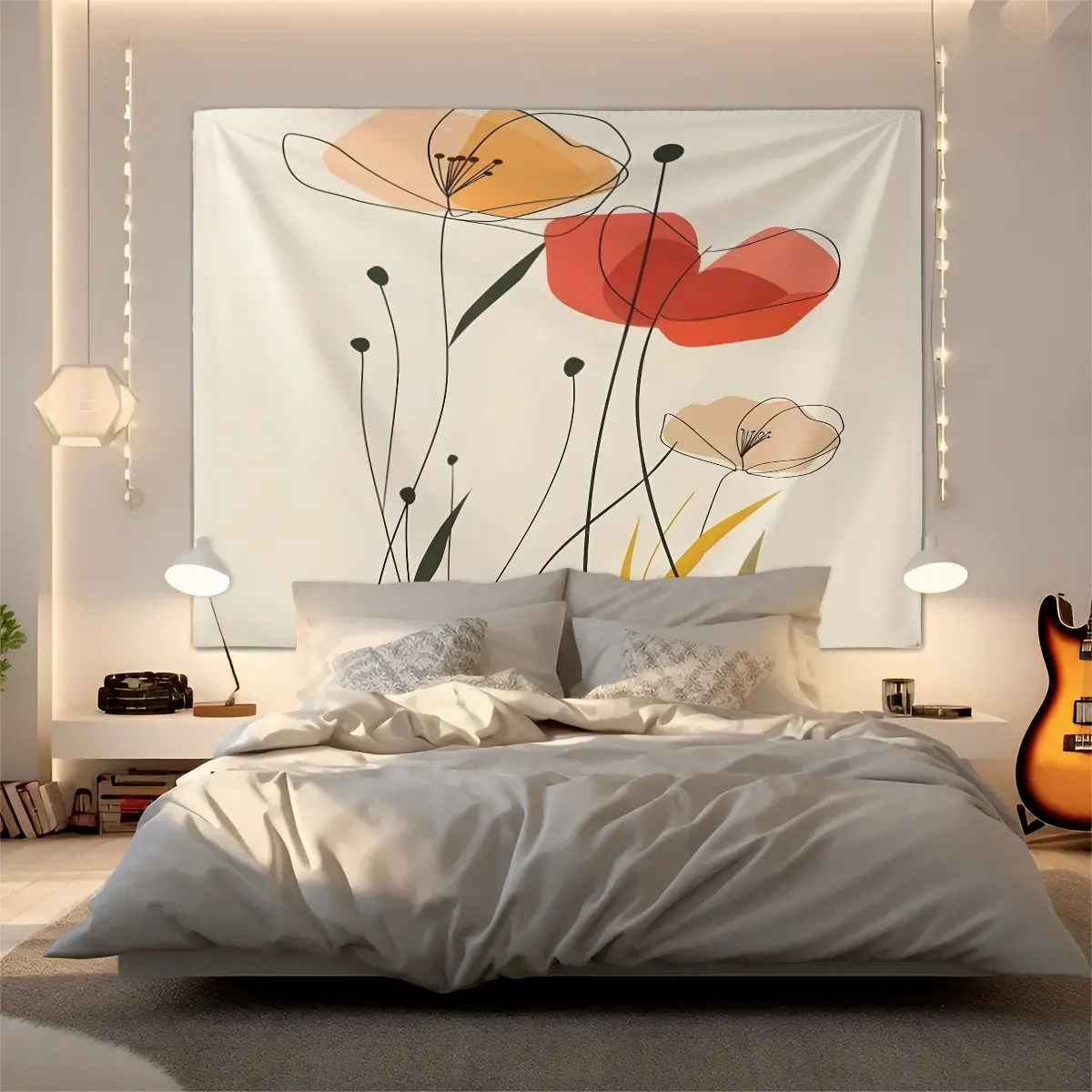 Minimalist Nordic Abstract Line Floral Tapestry, Art Line Flower Wall Hanging, HD Digital Print, Easy To Hang, Ideal Wall Decor for Bedroom, Homestay, Rental House & Apartment