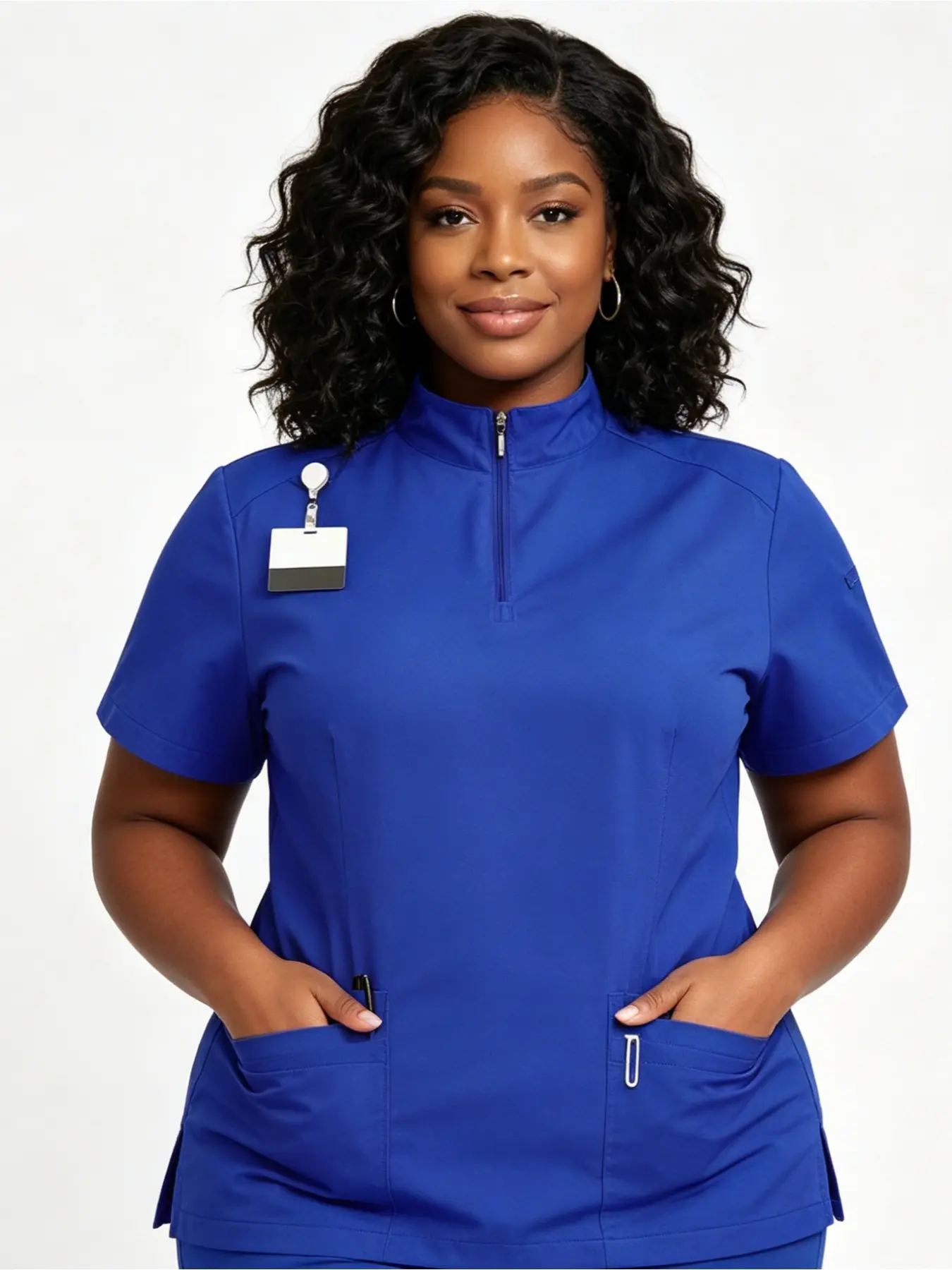 Soft Breathable Zip Stand Collar 2-Piece Scrub Uniform Daily Workwear Outfit for Black Female Staff Beautician Oral Clinic Nurse Scrubs Set