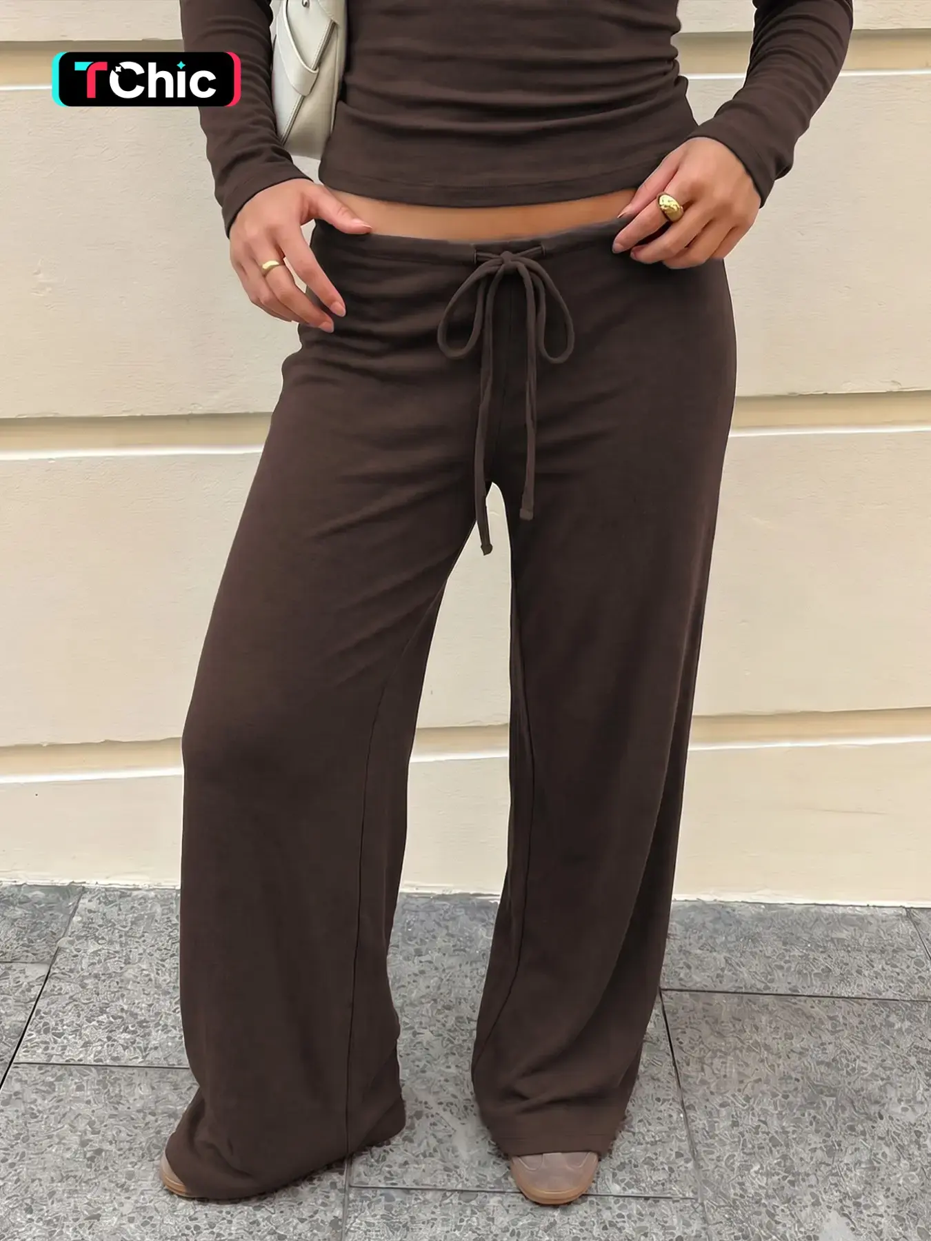 Hawthaw Women's Solid Color Drawstring Lace-up Flounce Pants, Plain Loose-fitting Wide-leg Flared Long Pants Baggy Leggings, Party Club Date Holiday Daily Casual Elegant Every-day Trousers For Ladies All Seasons Spring & Fall Bottoms Pants