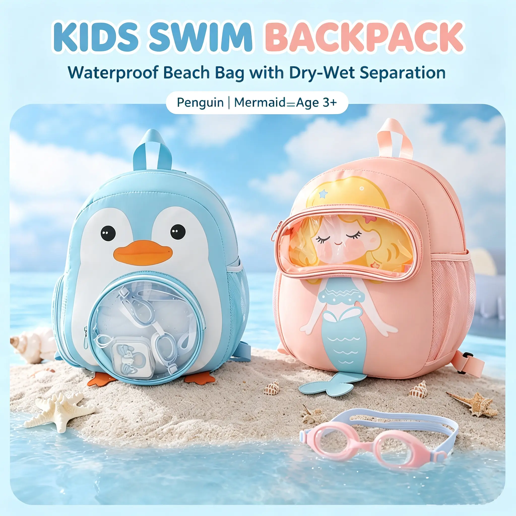 Unisex Kids Pink Cartoon Mermaid Swimming Backpack, 27cm Polyester Beach Bag with Dry-Wet Split for Water Sports