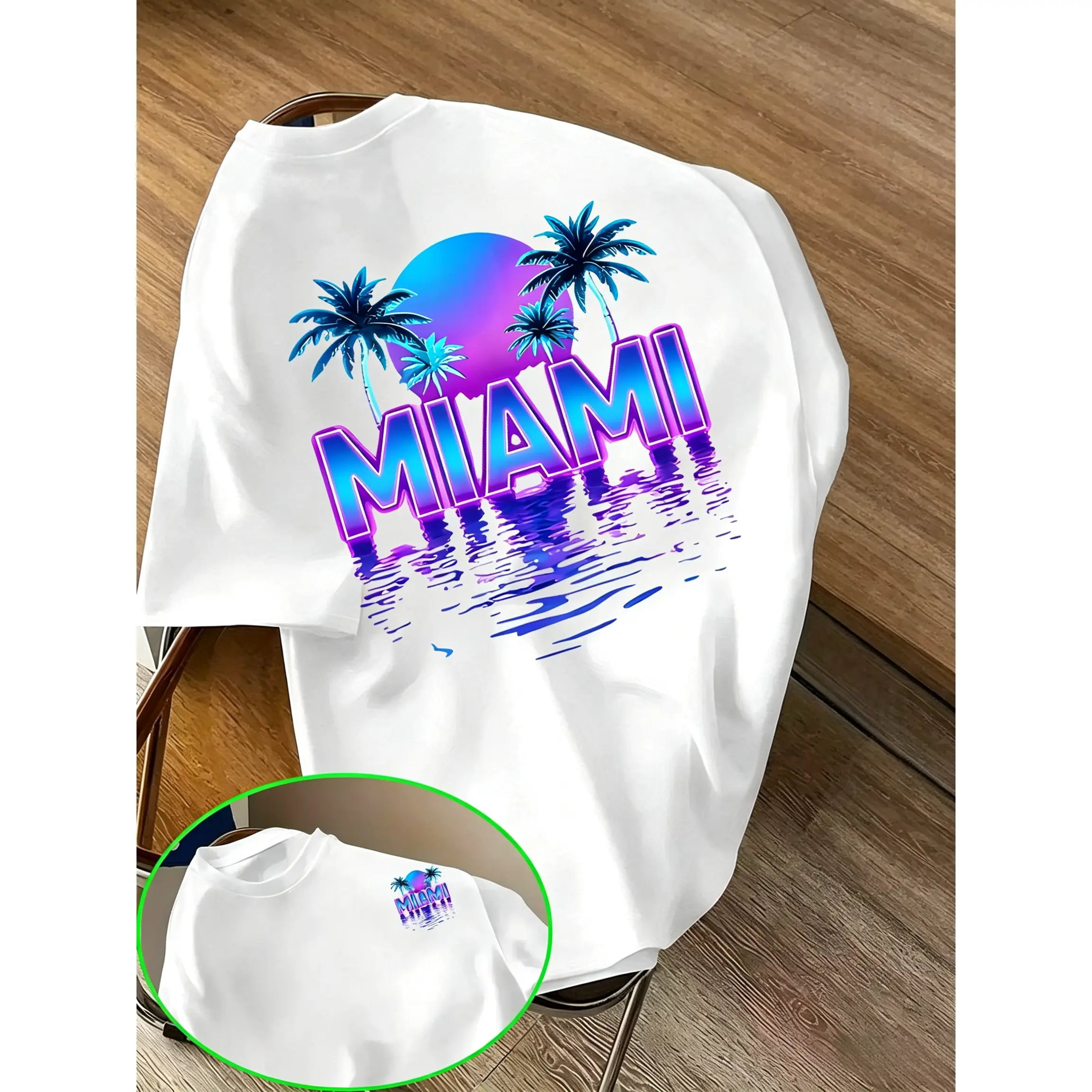 For street trend enthusiasts,Double Sided Neon Gradient Miami Palm Tree Sunset Water Reflection Retro Coastal Summer Vacation Graphic Tee,It's a round - neck short - sleeve top, a casual and loose -summer graphic tees