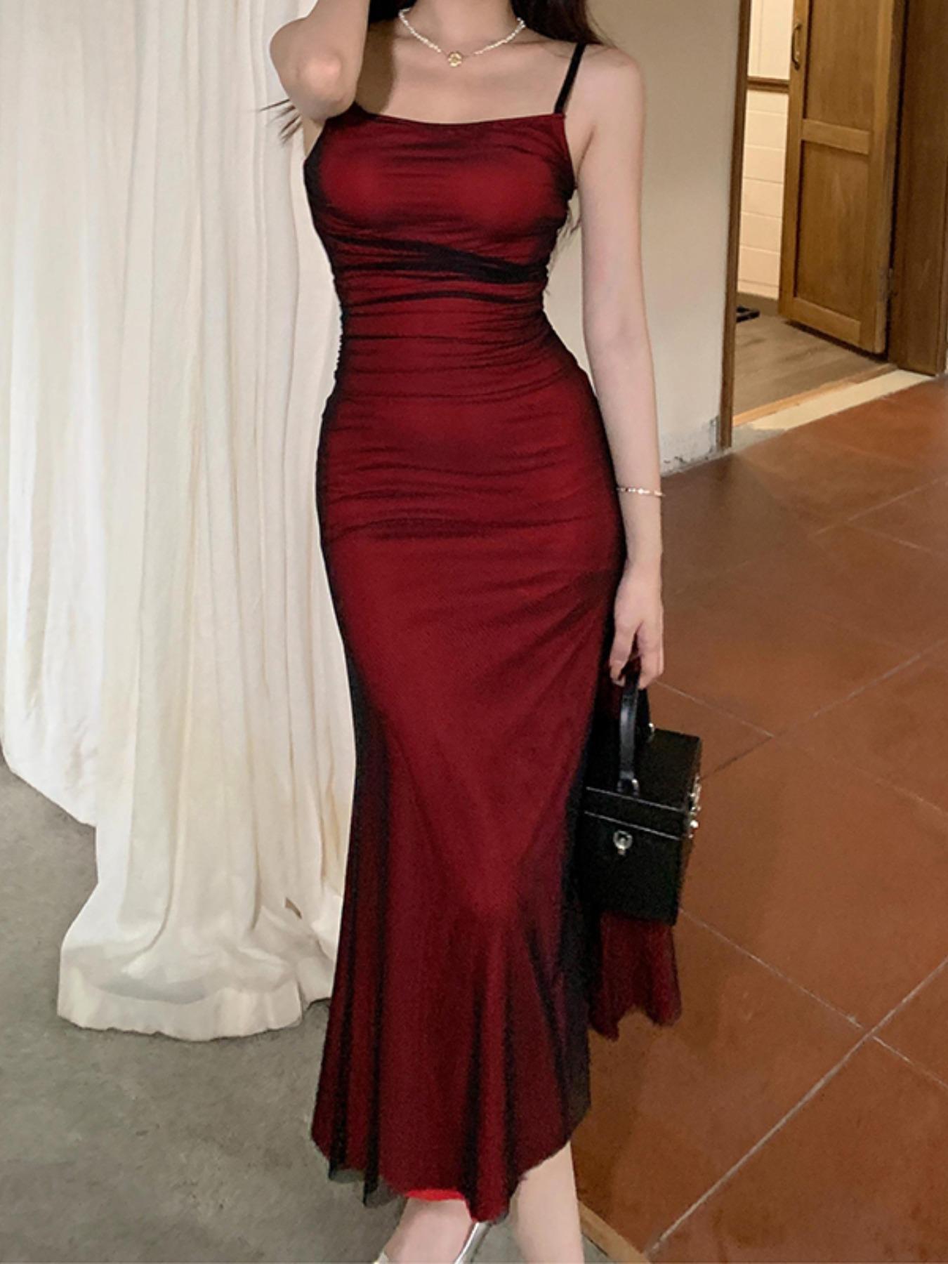 Women's Plain Ruched Cami Knit Dress, Elegant Sleeveless Spaghetti Strap Bodycon Long Dress for Party Club Dating Wear, Ladies Clothes for All Seasons