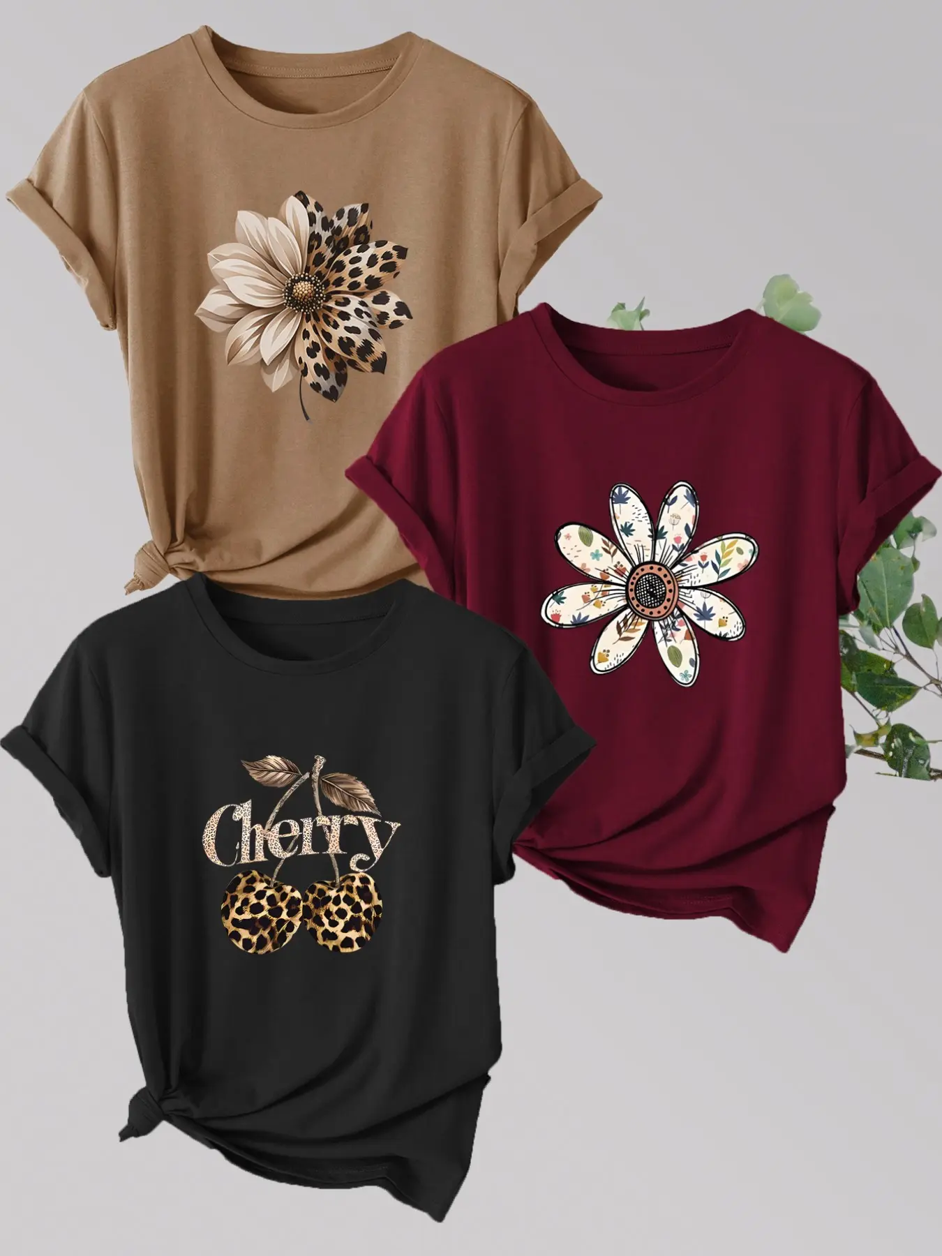 3-Pack Women's Casual T-Shirts, Leopard Cherry Flower Print, Polyester, Round Neck Short Sleeve, Spring Summer Comfort
