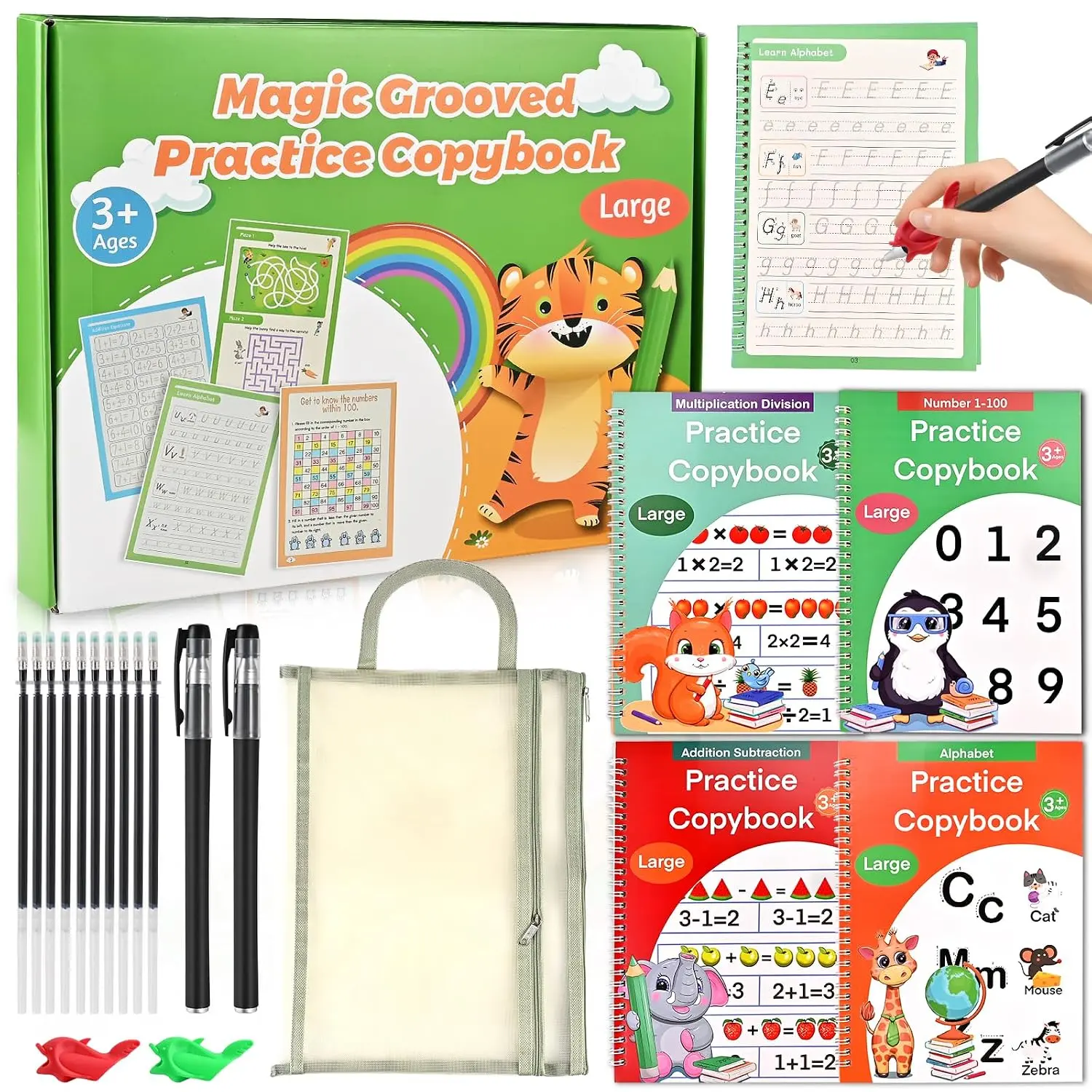 Magic Grooved Writing Practice for  3-8 – 4 Handwriting Practice | with A4 Zipper Pouch, Alphabet, Numbers, Math Tracing,Large  &  Workbook