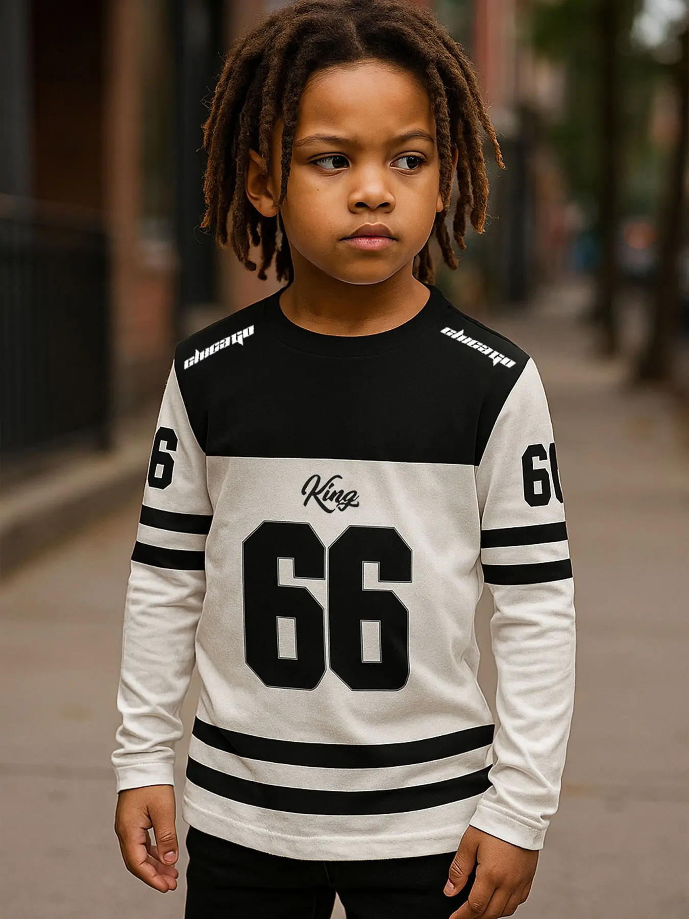 Chicago Colorblock Long Sleeve Jersey, Vintage Sports Top for Boys, Casual Loose-Fit All-Season Wear, School & Street Style