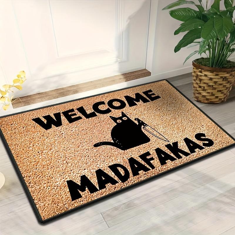 Sarcastic "Welcome Madafakas" Black Cat with Knife Diatomaceous Earth Doormat. Fast Drying Super Absorbent Diatom Mud Entrance Mat. Non-Slip Floor Rug for Front Door Bathroom Kitchen. Unique Funny Gift for Naughty Cat Lovers.