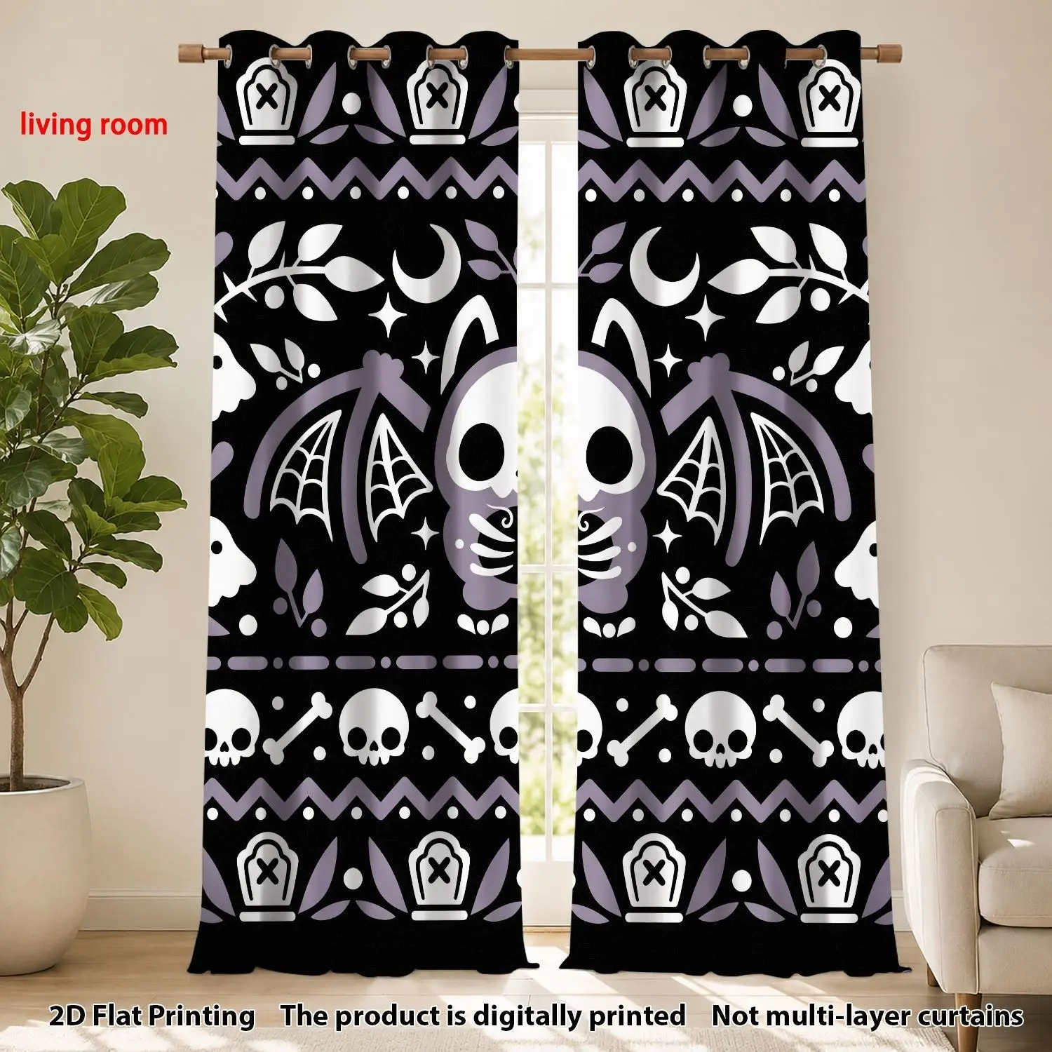 2-Pack Skull Tombstone Bat Print Curtains, Folklore Cartoon 100% Polyester, Halloween Party Bedroom Living Room Decor
