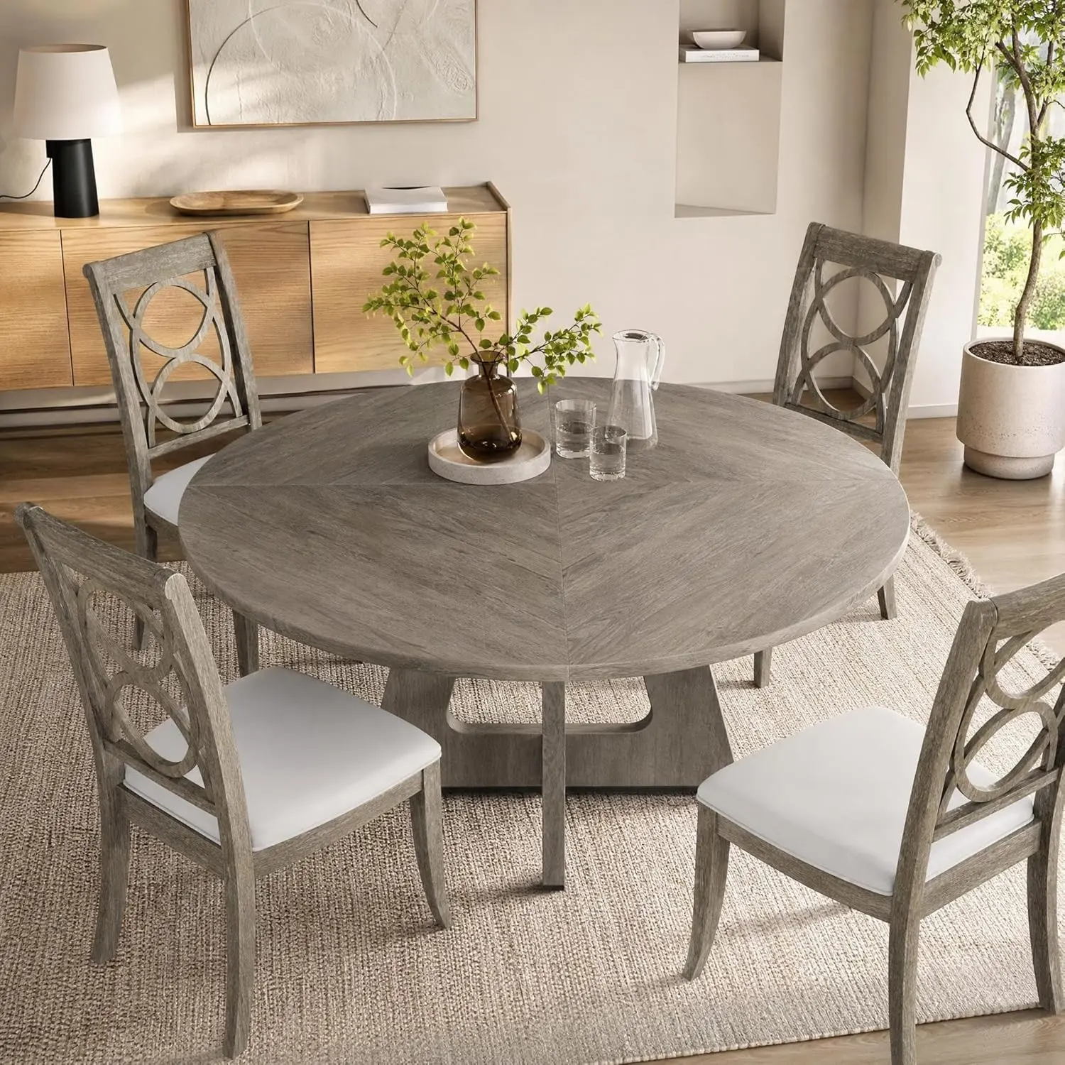 Garvee Rustic Space-Saving Dining Table Set - 47-Inch Round Wooden Table for 4-6 - Farmhouse Style with Cross Pedestal Base - Perfect for Family Meals, Kitchen or Dining Room - Table Only - Grey