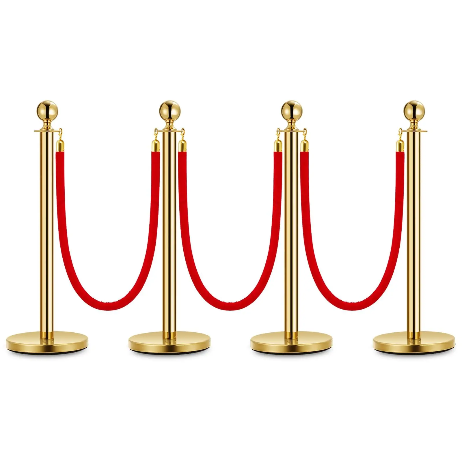 GARVEE 4 PCs Gold Stanchion Posts with 5ft Red Velvet Ropes, Stainless Steel Retractable Barrier Set for Crowd Control at Events, Parties, Theaters, Museums - Includes 4 Posts & 3 Ropes