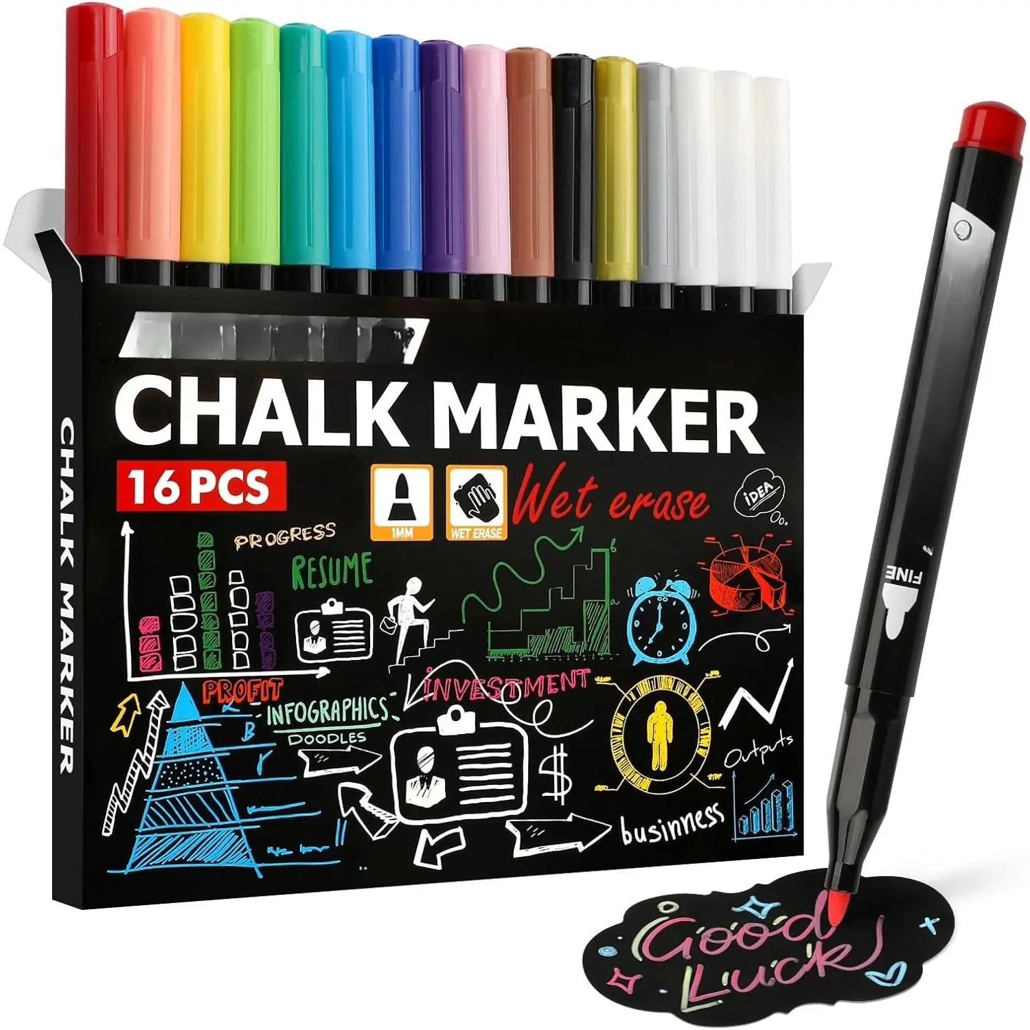 Liquid Chalk Markers for LED Drawing Note Board Calendar Planning Board Clear Glass Wet Erase Whiteboard Window Mirror Christmas Holidays Painting,16 Pack, Colors,1mm Extra Fine Points