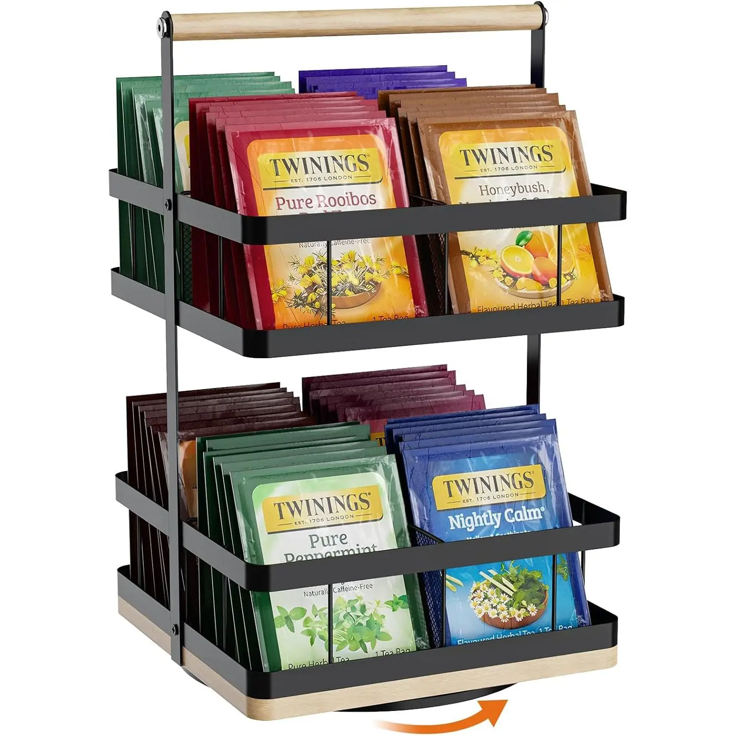 Tea Bag Organizer, 2-Tier 360° Rotating Tea Bag Holder Organizer, 8-Baskets Tea Holder Accessories Holds 120+ Tea Bags, Gift for Decor Kitchen, Cabinet, Bar Countertop Storage