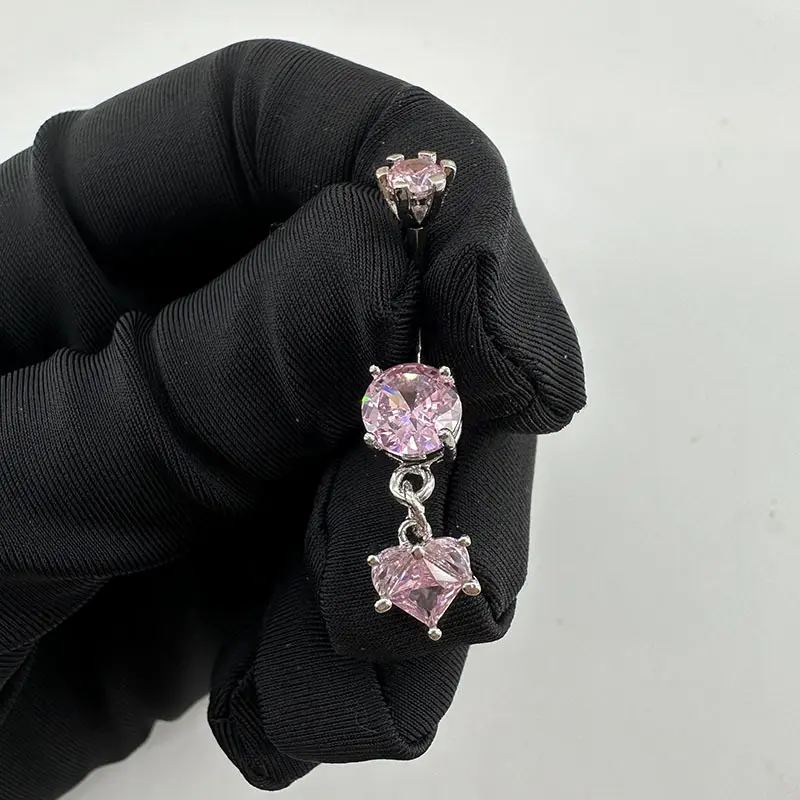 Pink diamond-encrusted heart pendant navel piercing navel ring piercing jewelry, personalized, trendy, and sexy for girls
