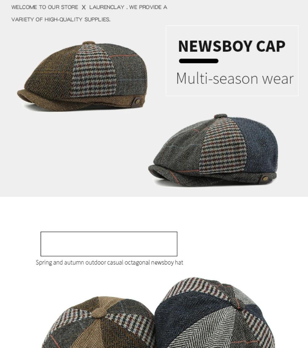 HT4612 Beret Cap Men Women Spring Autumn Wool Beret Hat Patchwork Plaid Ivy Octagonal Flat Cap Male Female Artist Painter Berets