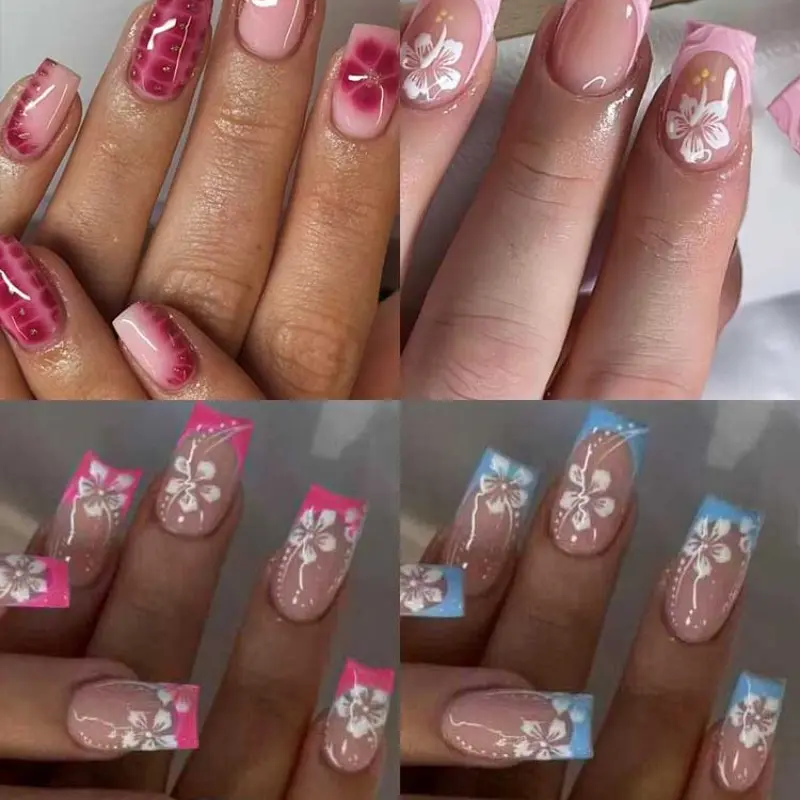 96pcs Multicolor French Flower Nails, Short Square Press-On Tips, Hibiscus Design, Summer Manicure Essentials, Perfect for Parties & Daily Use