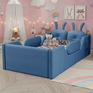 78.5*43.11*21 Inch Blue Twin Size Teddy Fabric Kids Floor Platform Bed, 21" High Guardrail with Removable Side Rails & Detachable Rabbit Back Pillows, Max 250LBS Fits 8 Inch Mattress(Not Included)