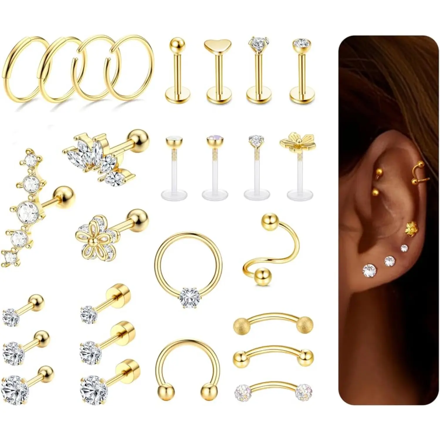 FIASASO 27Pcs Helix Tragus Studs Earring Gold Silver Piercing Set Hypoallergenic CZ Clicker Ring Barbell Helix Conch Tragus Nose Lip Eyebrow Labret Body Piercing Set Jewelry for Women Men