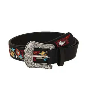 Retro Women’s Belt with Chrysanthemum Floral Embroidery & Rhinestone Engraved Buckle