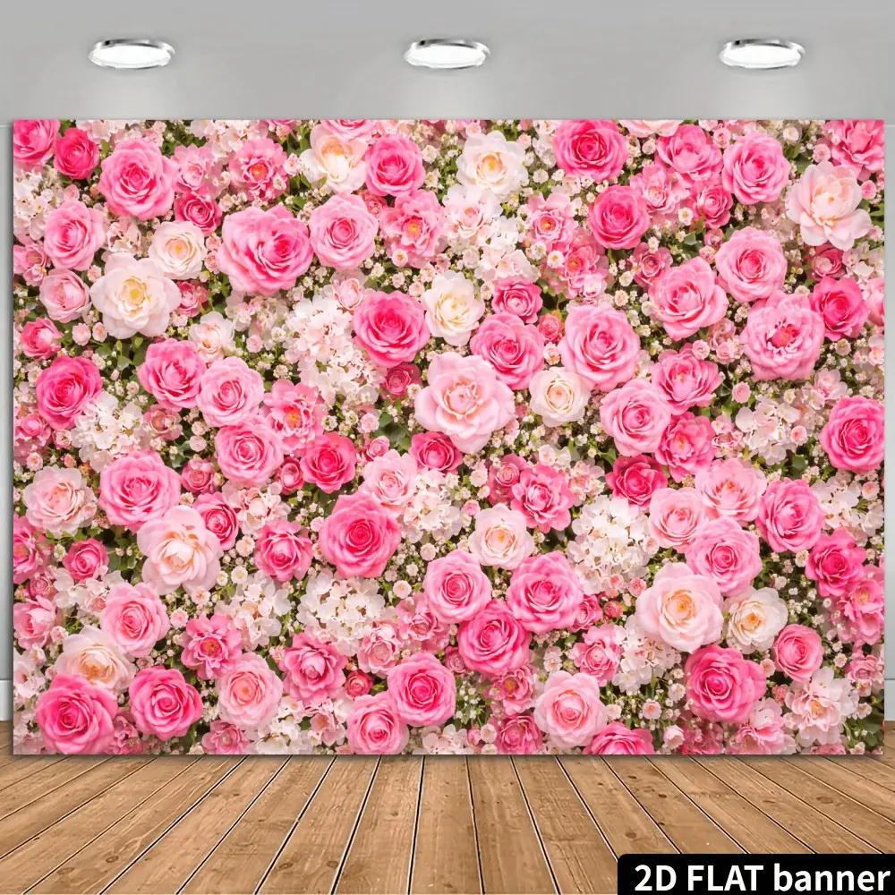 Romantic Pink Rose 2D Flat Banner, Single-Sided Polyester, Metal Grommets for Easy Hanging, Floral Wedding & Party Backdrop