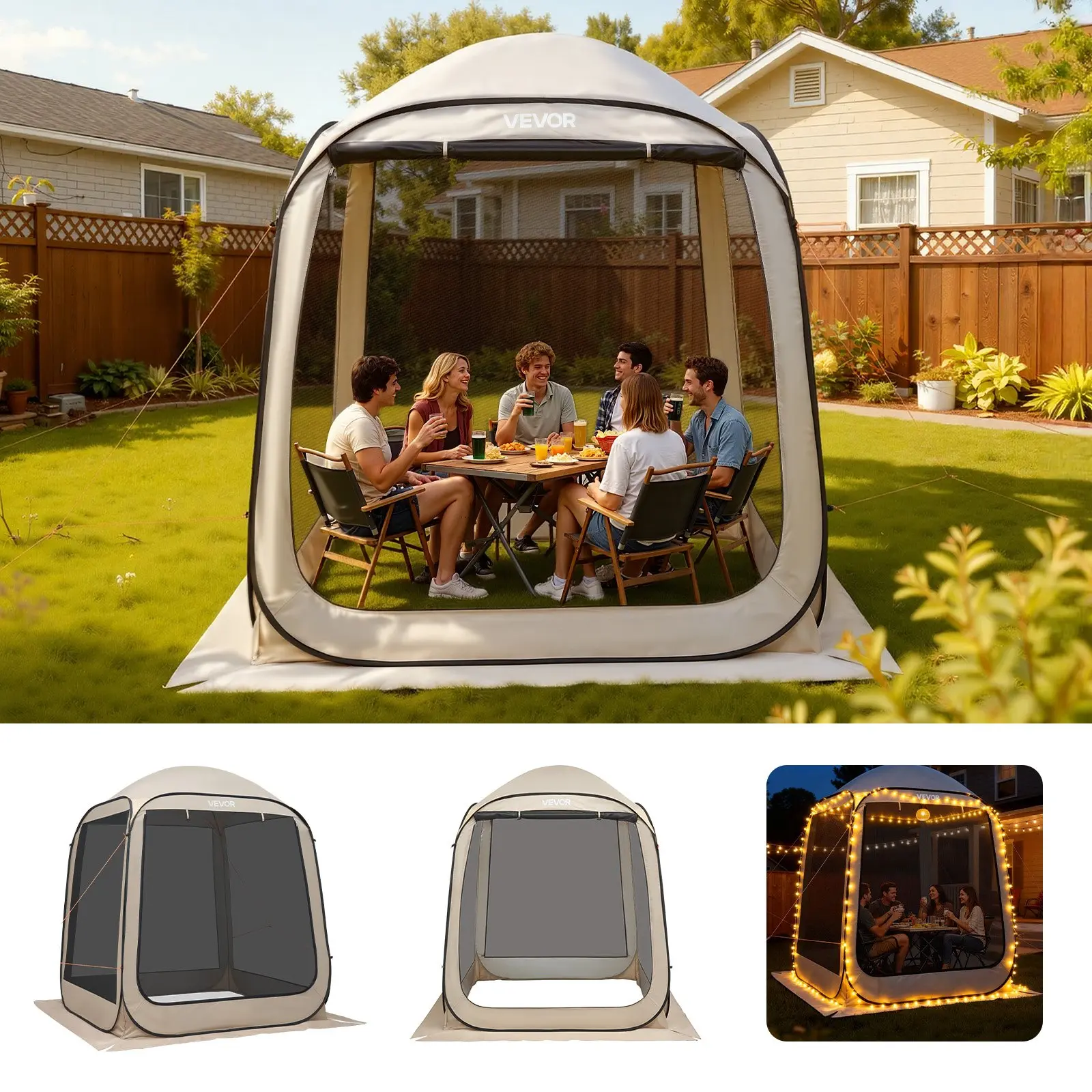 VEVOR Screen House Tent, 6x 6 ft, 4-6 Person Pop Up Screen Tent, Portable Screened in Canopy with Carry Bag, Netting Sides, Ground Stakes, for Garden, Patio, Backyard, and Outdoor Activities, Beige