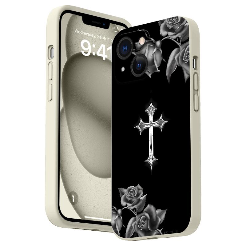 Rose Cross Pattern Straight Edge Phone Case for iPhone 16 15 14 Pro Max 13 12 11 XR XS Plus Shockproof Full Camera Protection Durable slim Silicone Cover