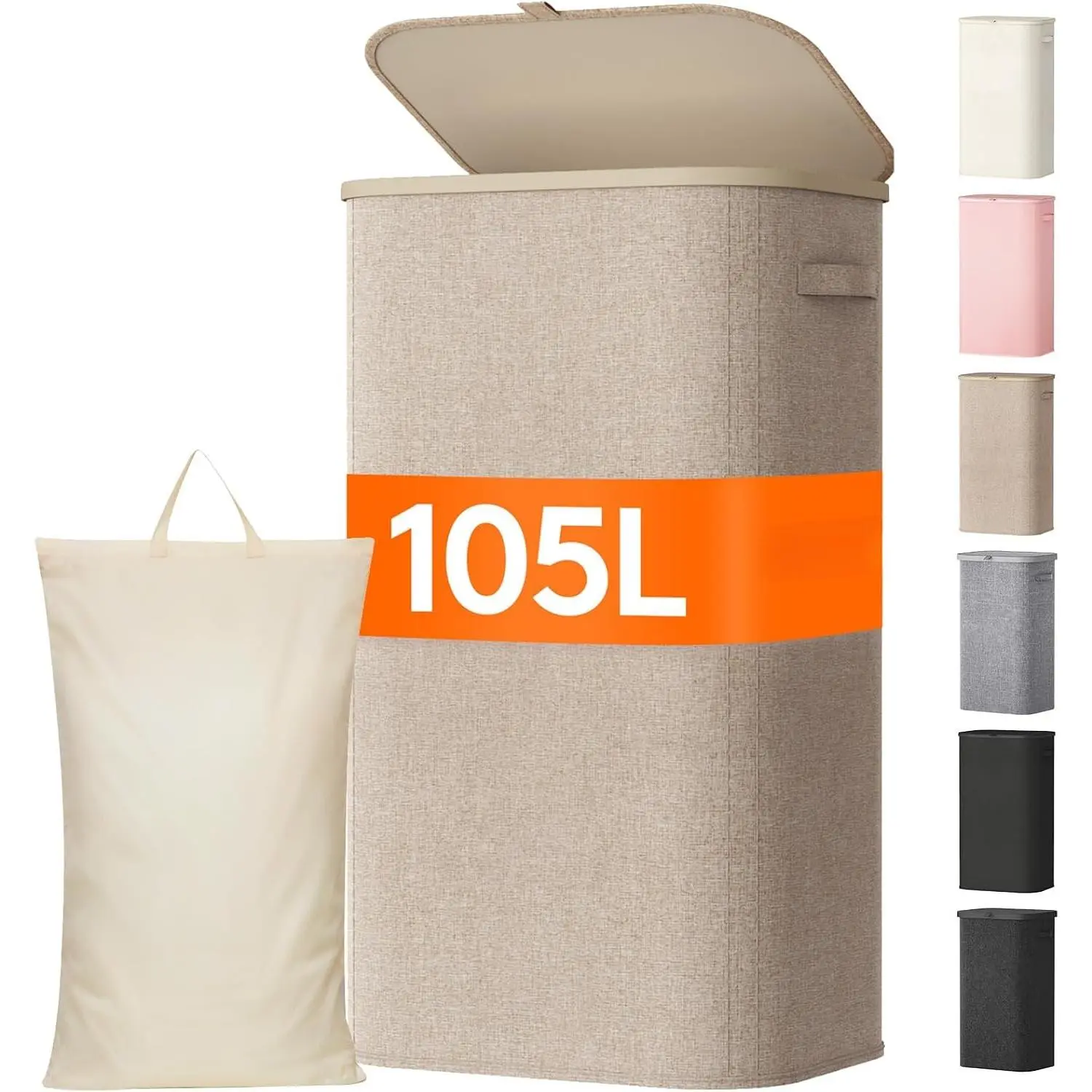 105L Large Laundry Basket with Lid, Laundry Hamper with Plastic Handles and Removable Bag, Foldable Tall Dirty Clothes Hampers for Laundry for Laundry Room, Bedroom, Bathroom, Dorm, Beige