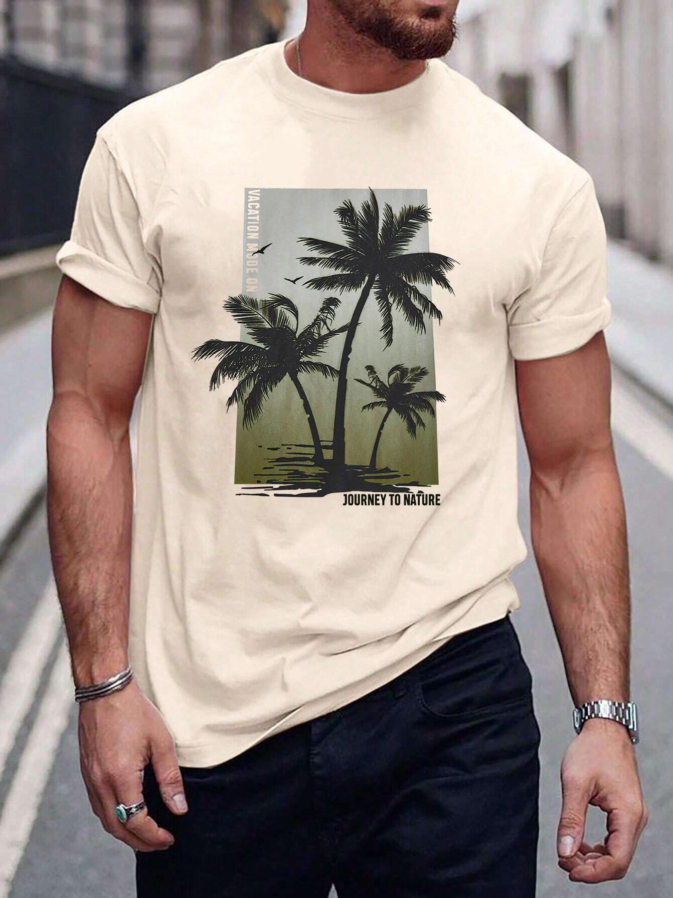 Men's Tropical Coconut Tree & Letter Print Drop Shoulder Sleep Tee, Regular Fit Casual Soft Comfortable Short Sleeve Round Neck PJ T-Shirt for Daily Wear, Sleepwear Loungewear Menswear for Men