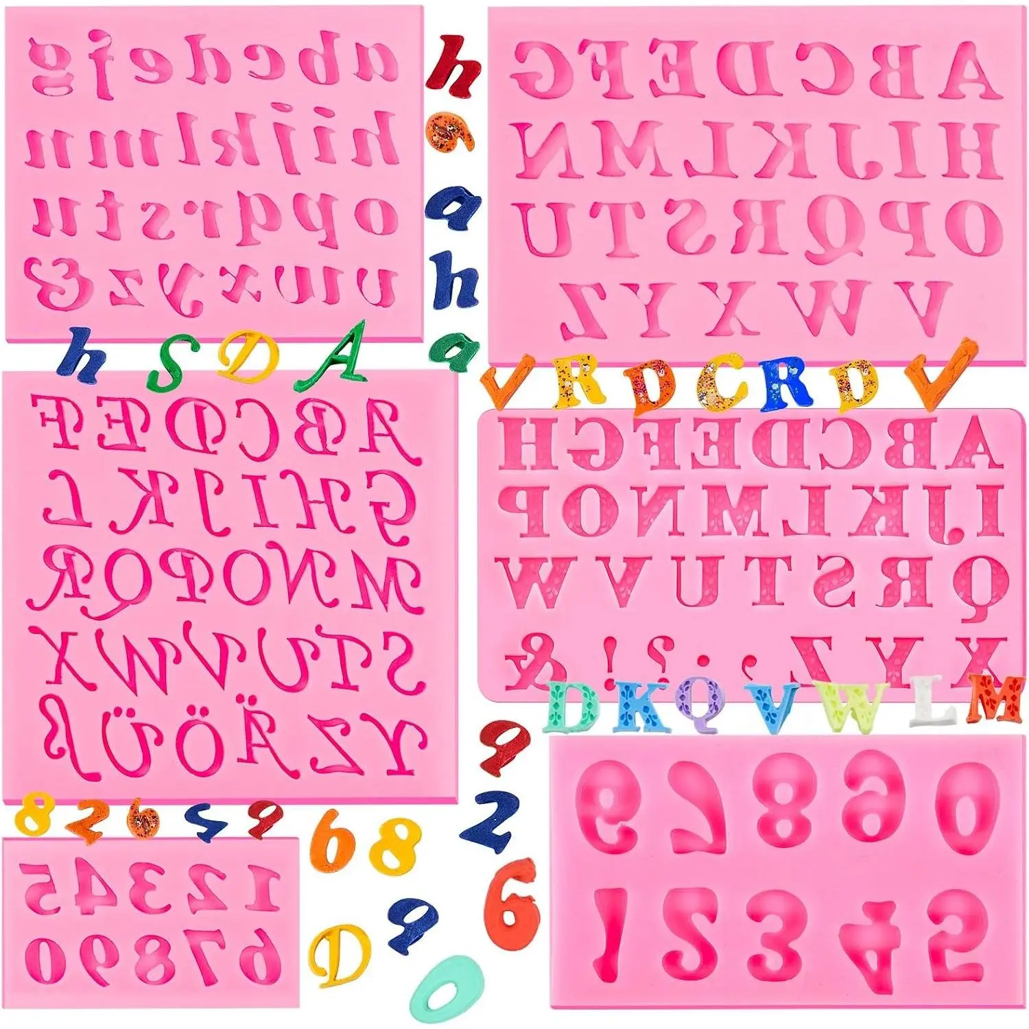 Patelai 6 Pcs Pink Silicone Letter & Number Chocolate Candy Molds
