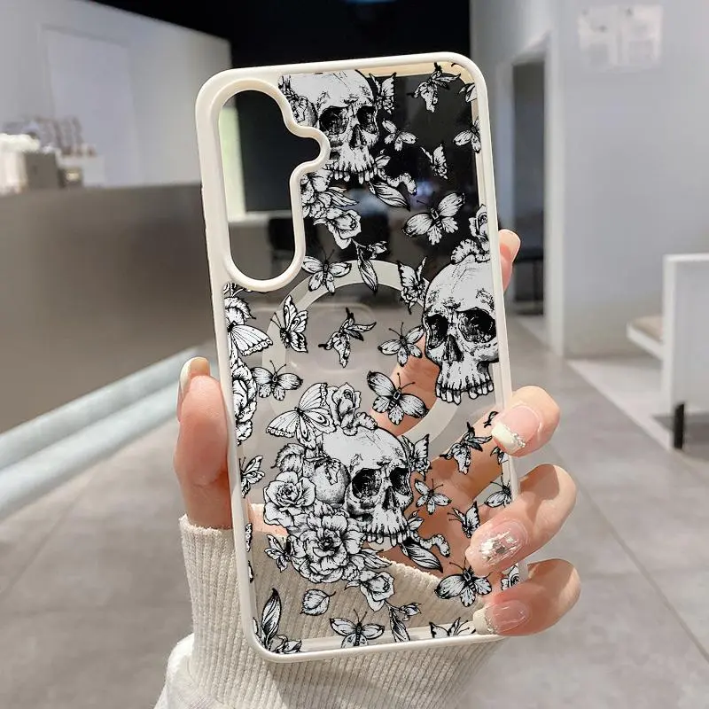 Magnetic Shockproof Phone Case for Samsung Galaxy Series (S22+, S23 Ultra, S24 Plus, S25 Edge, S26 FE), Skull Floral Flutter Pattern, Acrylic Back, TPU Edges, Anti-Fingerprint, Ultra Slim, Durable Protection Cover, Transparent Wireless Accessories Gift