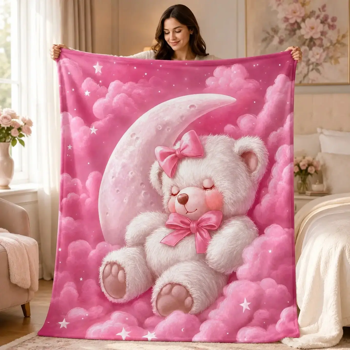 Pink Starry Moon Sleeping Teddy Bear Fleece Blanket Cute Cartoon Bear Illustration Soft Cozy Throw Blanket Pink Cloud Crescent Star Bow Bear Design Dreamy Romantic Coquette Style Lightweight Warm Blanket for Sofa Bed Office Nap Shawl Camping Home Decor Gi