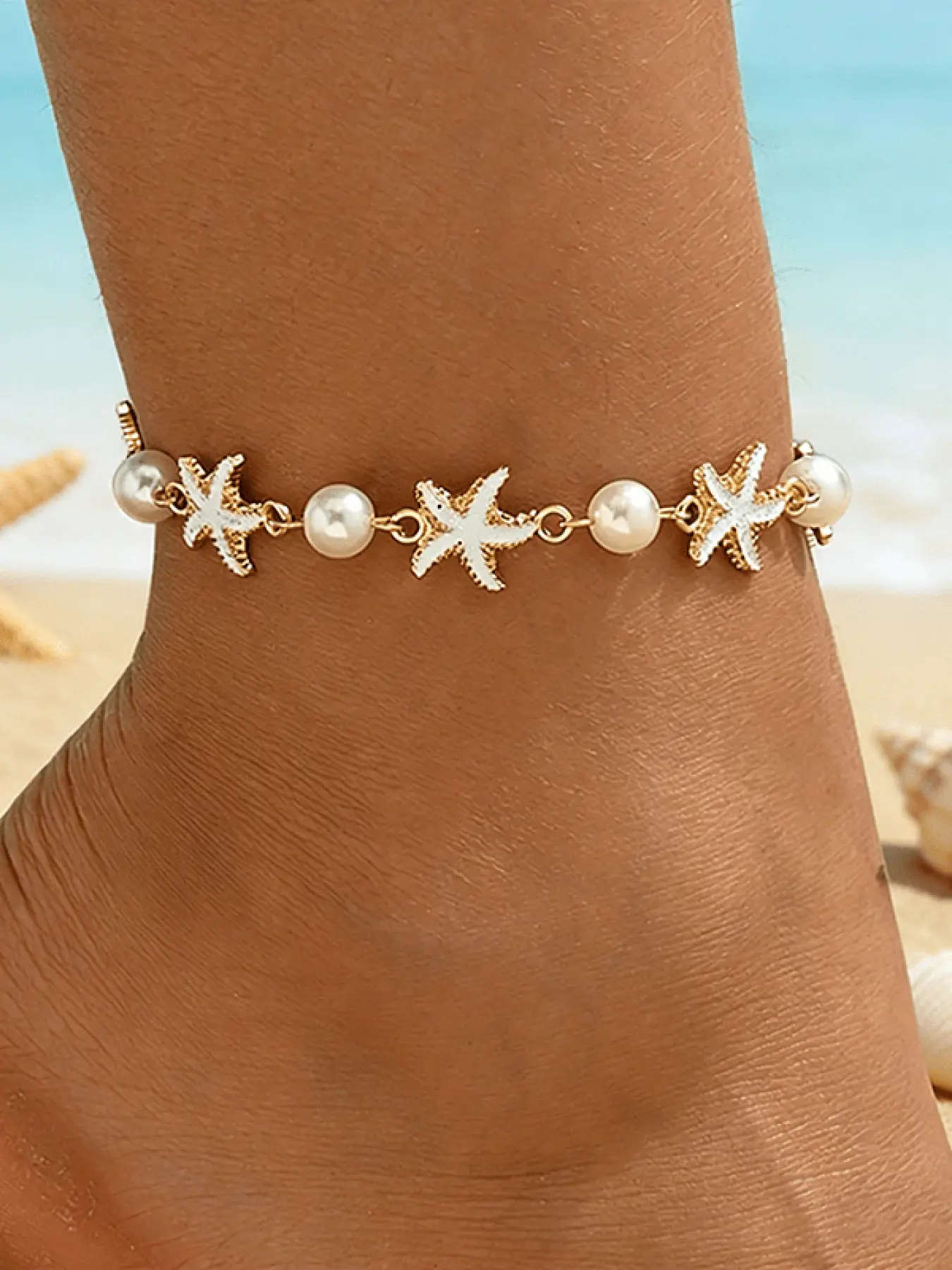 1pc Women's Anklet, Jewellery, Jewelry, Wearable Jewelry, Ocean Style, Imitation Starfish and Imitation Pearl Chain Anklet, Made of Zinc Alloy, Suitable for Women to Wear Daily or on Vacation and at the Beach, Great Gift for Friends