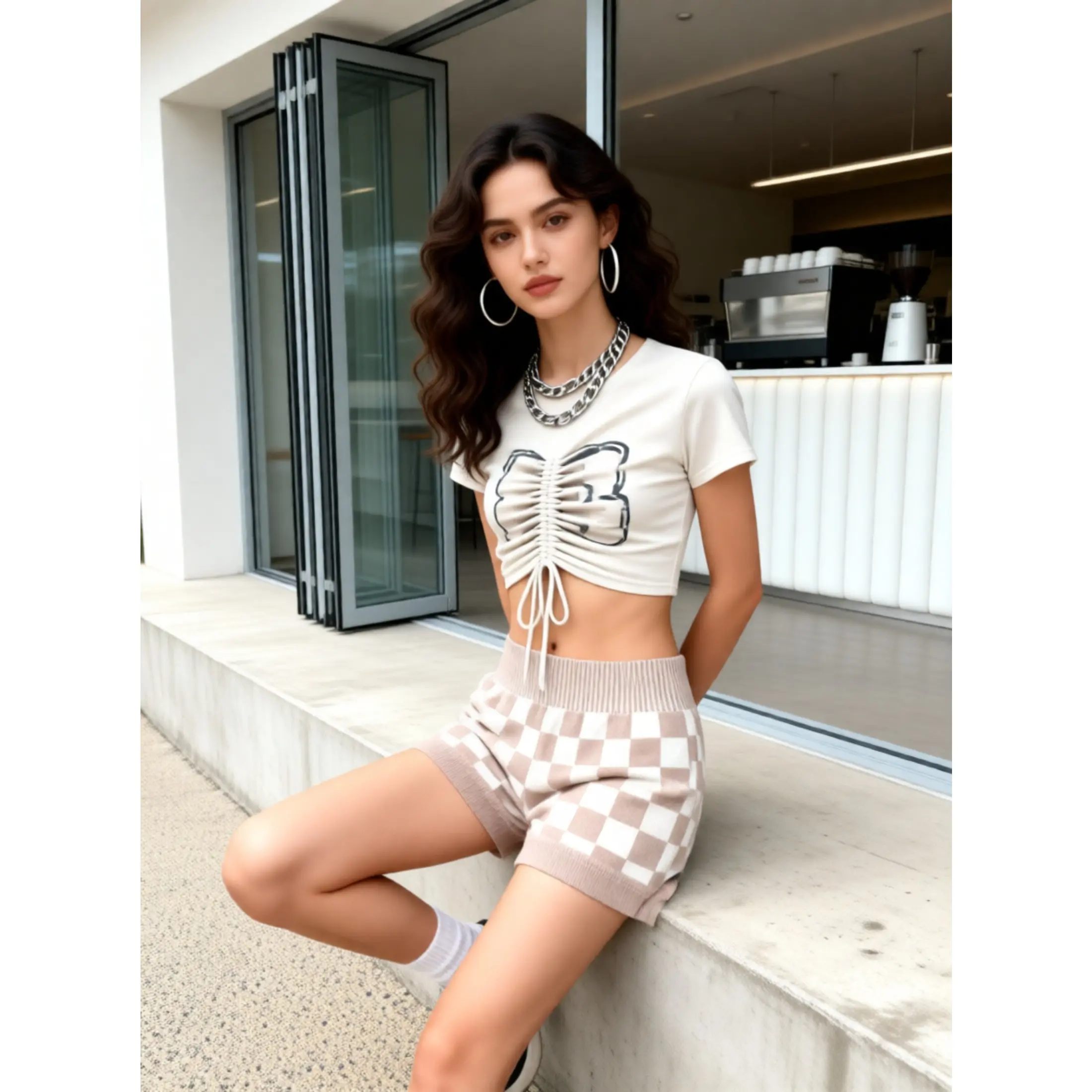 Y2K retro knit high-waisted shorts, women's street style cycling shorts, stretchy fitness shorts, plaid print shorts, comfortable and versatile..