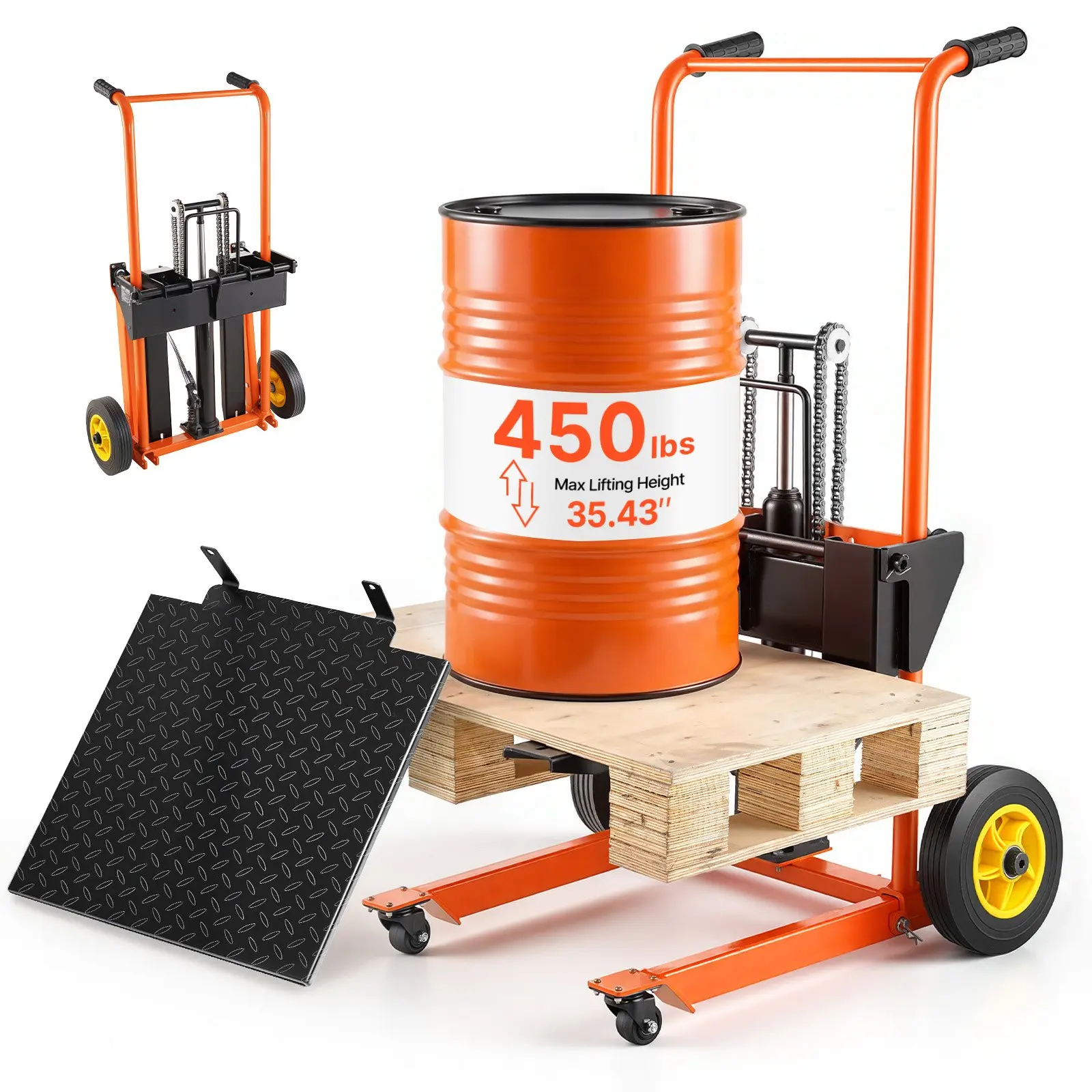 【DealsForYouDays】VEVOR Hydraulic Material Lift Winch Stacker, 450 lbs Load Capacity, Pallet Truck Dolly with Fork Lift Table, 35.4 Inches Max Lifting Height, Foldable & Portable Pallet Jack Table Cart, Orange & Black