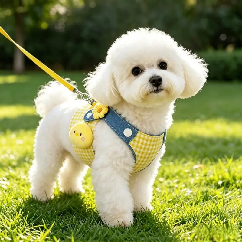 Dog Leash Set with Anti-Pull Harness, Leash Combo, Soft Adjustable, Suitable for Small Dogs, Pomeranian Accessories, Plaid Harness and Leash, Puppy Harness, Outdoor Walking Gear, No Pull Harness