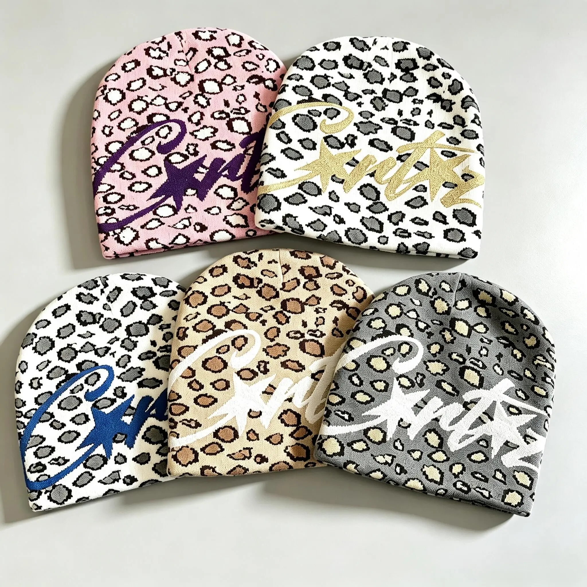 Unisex Y2K Leopard Print Beanie, Soft Stretch Knit Slouchy Hat, Grunge Streetwear Winter Cap for Fall Winter Outfitsr