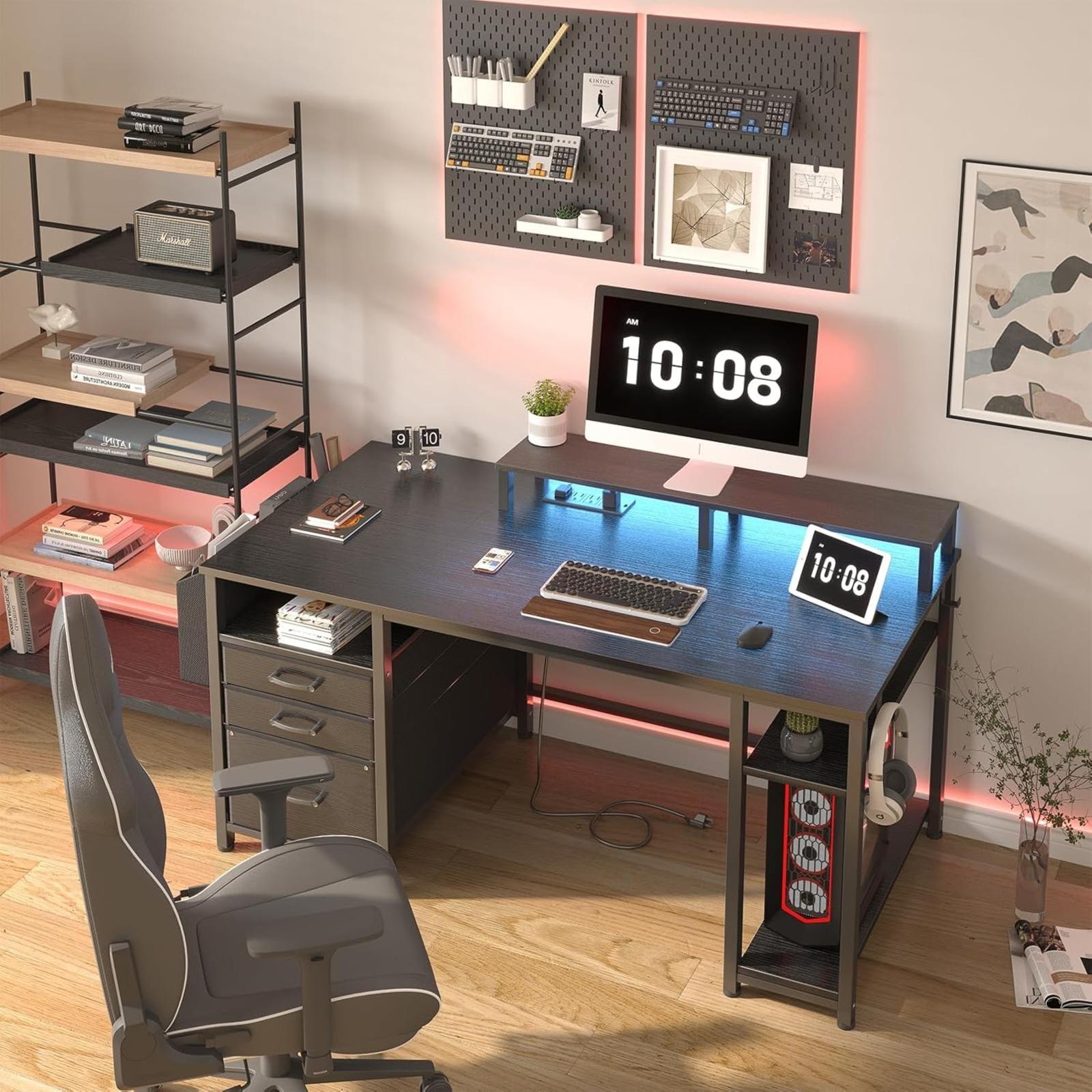 Lufeiya Gaming Desks with Led Lights and Power Outlets, 55 Inch Computer Desk with File Drawers Cabinet, Home Office Desk with Shelves Monitor Stand, Black, Get Free Gift