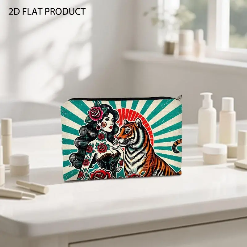 Retro Tattoo Art Style Makeup Bag, Double-Sided Printed with Bold Graphic Illustration of Woman & Gentle Tiger, 5.9*8.66inch Portable Cosmetic Pouch for Daily Makeup Storage & Travel Organizing
