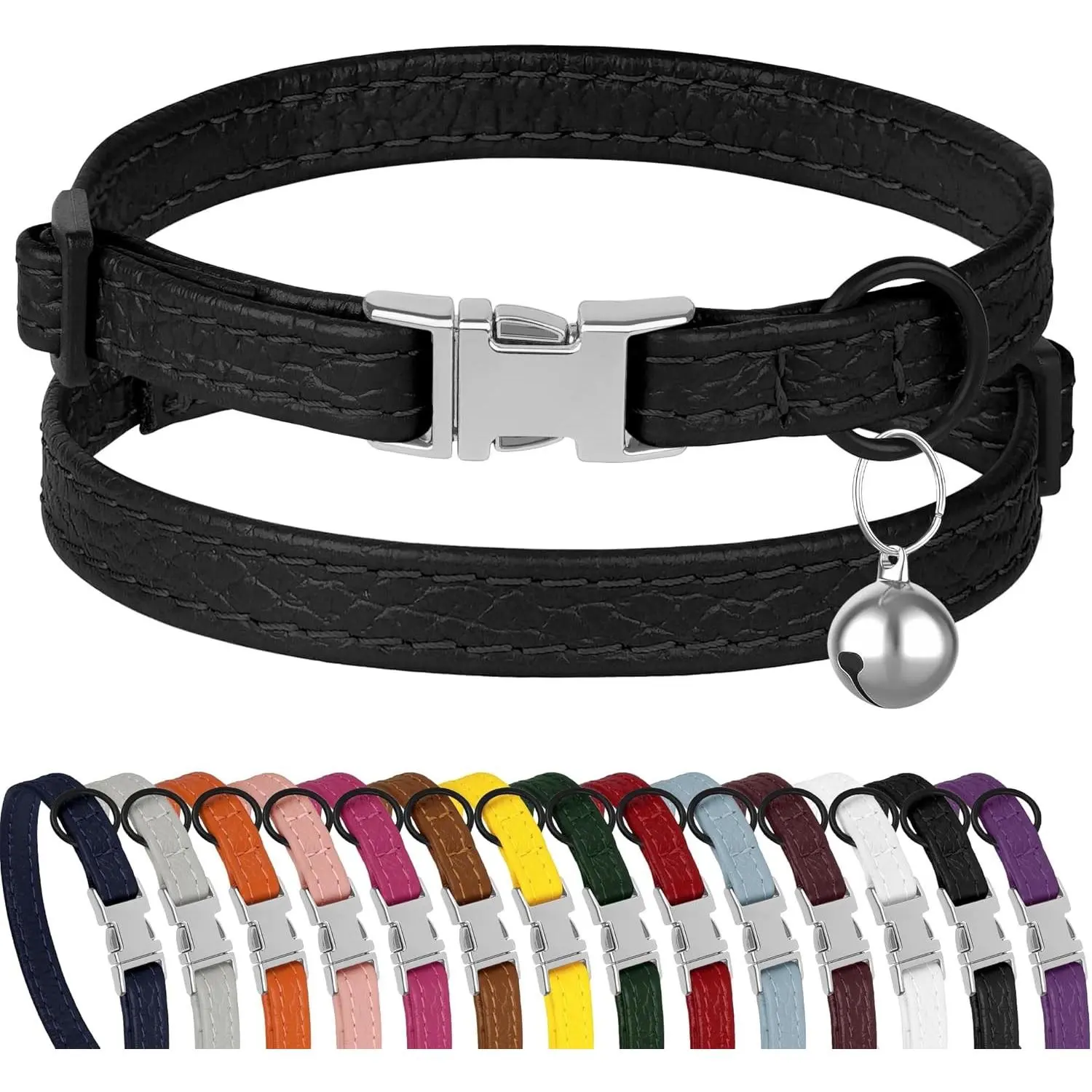 Soft Leather Adjustable Cat Collar with Buckle, Removable Bell - Non-Breakaway Safety Collar for Daily Wear Kittens (Black)