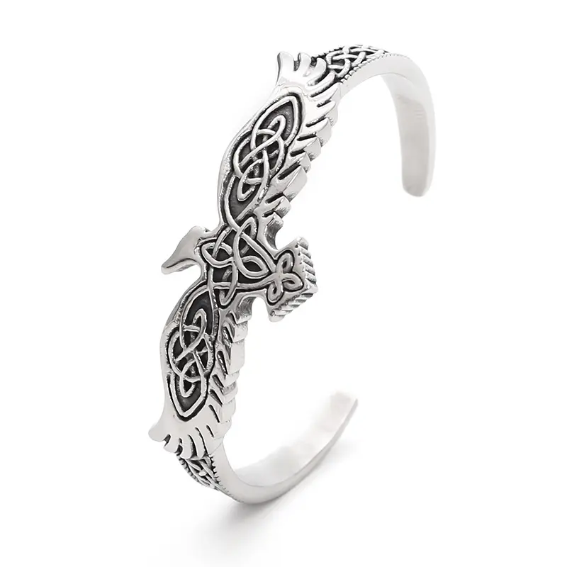 Nordic Viking Raven Bird Motif Curved Cuff Bracelet - Vintage Titanium Steel Open Bangle, Unique Animal Retro Look Statement Pieces Wrist Jewelry for Men, Male Wear