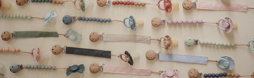 Linen Baby Pacifier Clip Holder| Soft Fabric Strap, 2-Pack (Olive/Shifting Sand)