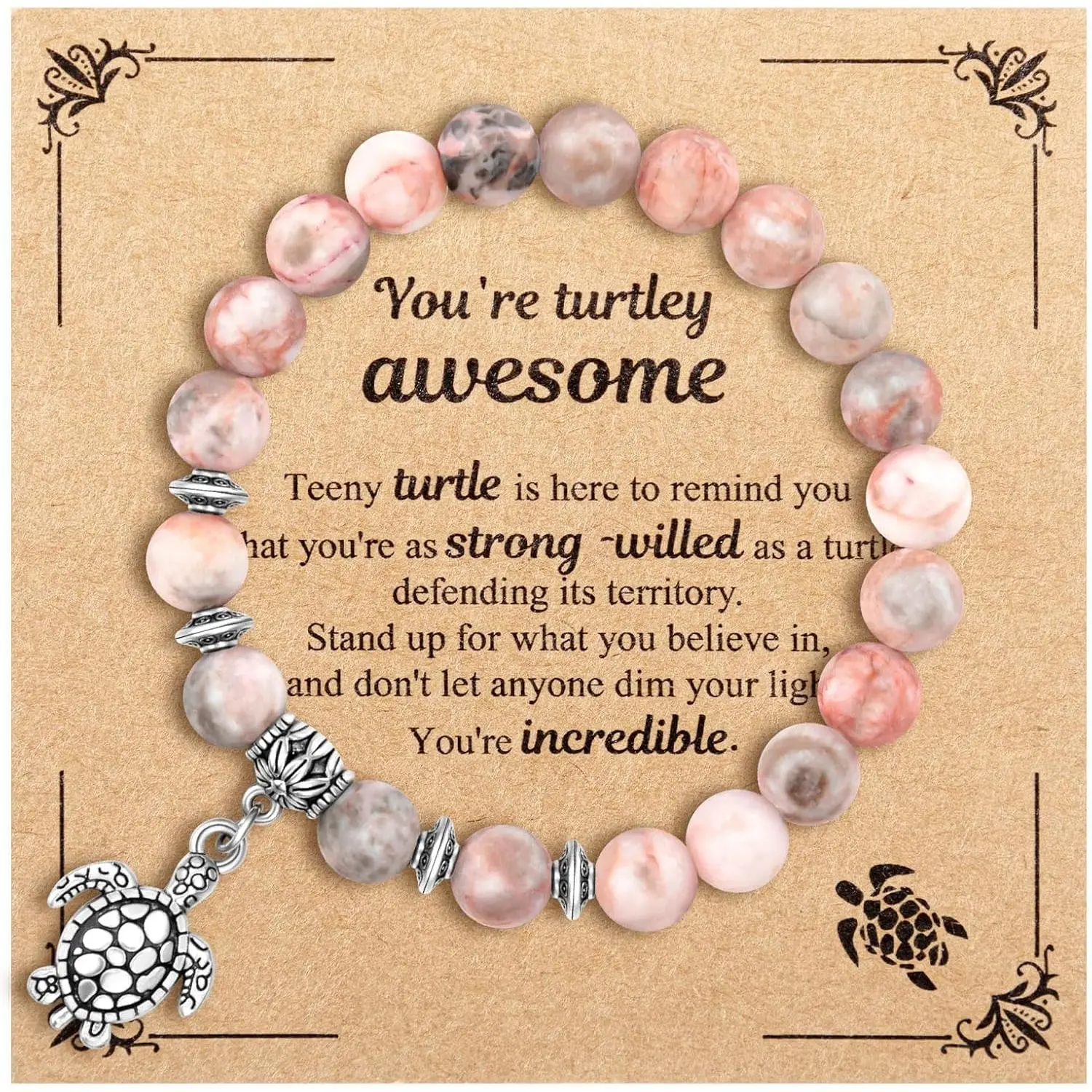 Turtle Bracelet for Women  Stone Stretch with Card | Inspiration Turtle  Design, Elastic Beaded Fit, Includes Motivational Card, Appreciation Christmas Valentines
