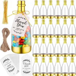 50 Pcs Metallic Mini Champagne Bottle Candy Container Shaped Jars Gold Plastic DIY Favor Candy Bottle Wedding Party Favor Containers with Gift Tags Gold Strings and 65.6ft Rope