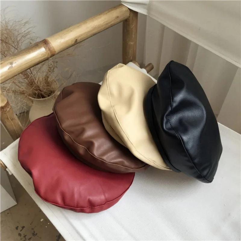 Fashion Autumn Winter Beret Beanie Hat Women Plain Beret Hats Solid Color Elegant Men Women Artist Caps PU Leather Painters Caps