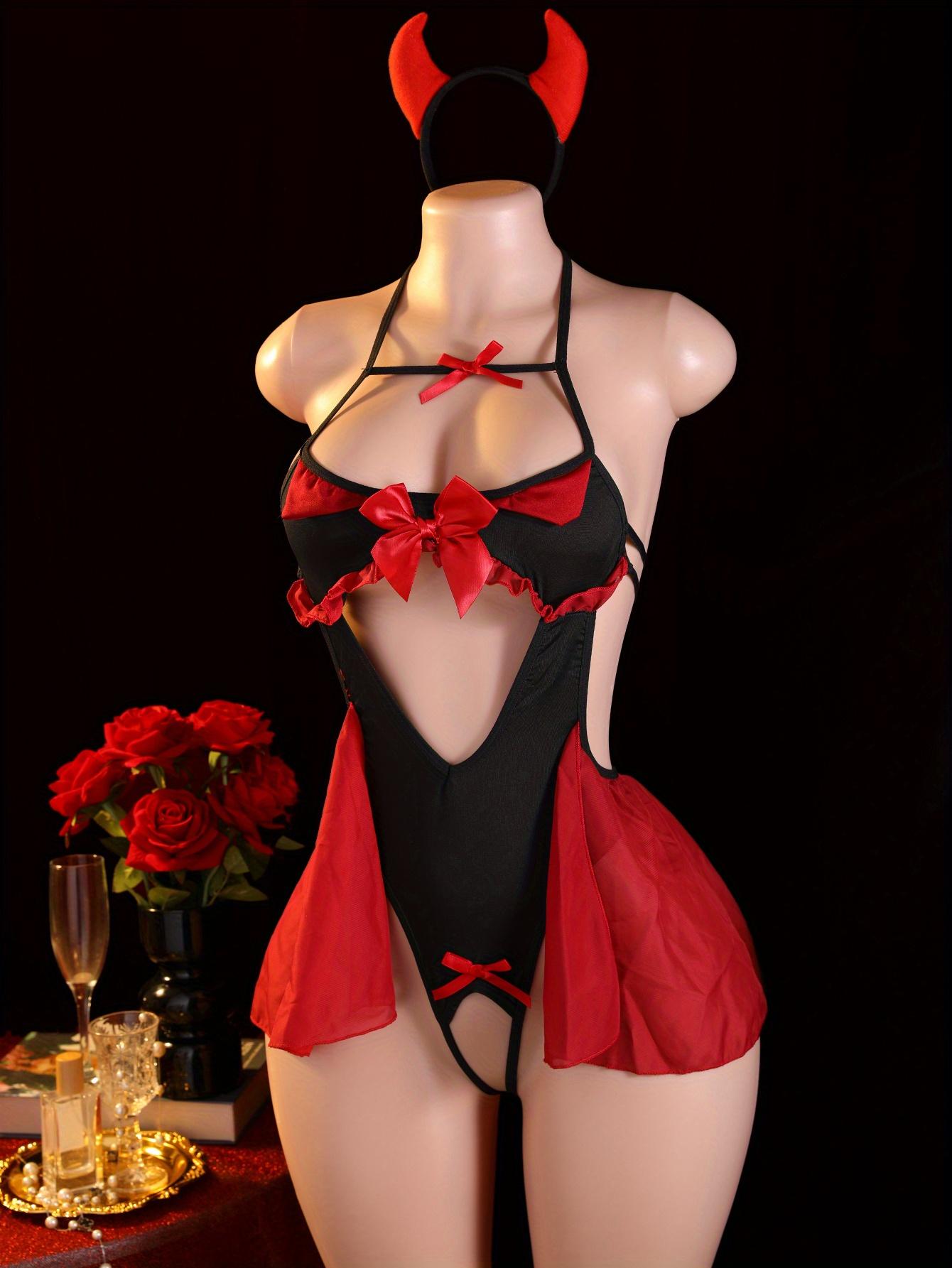 Sexy Little Devil Role-Playing Bodysuit - Black & Red Lace-Up Off-Shoulder Costume with Thigh Slits & Bow Decorations, Adjustable Back Strap & Horned Headpiece - Hand-Wash Only Adult Halloween Outfit for Themed Parties, Cosplay & Role-Play - Comfort
