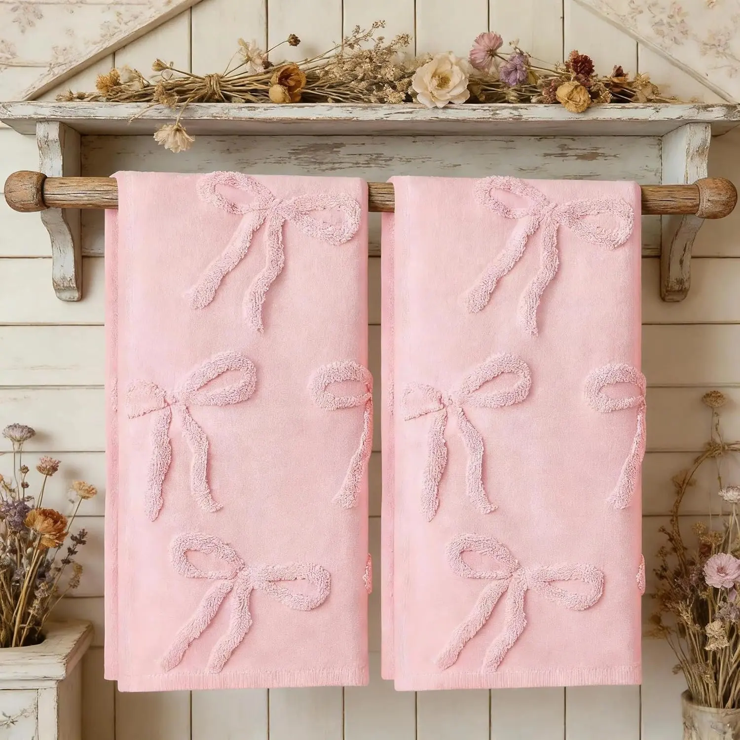 yuboo Pink Bow Hand Towels Set, 3D Tufted Decorative Hand Towel Set for Bathroom Decor, Soft Towels for Hand Drying and Daily Use, Cute Coquette Aesthetic for Dorm Room & Gift Giving,14"x29"