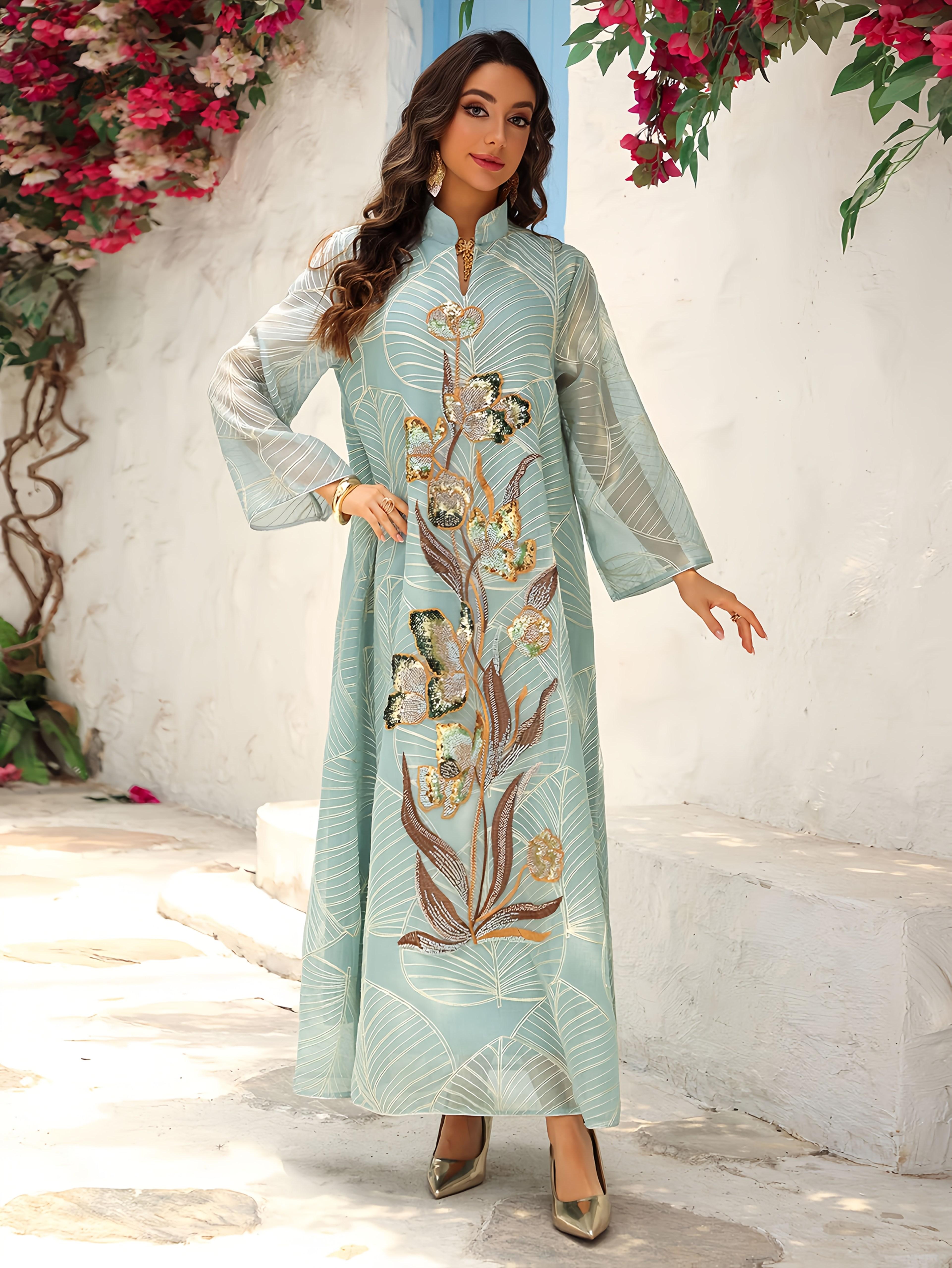 1pc Women's Jalabaya Abaya Gown - Elegant Dubai Party Dress with Floral embroidery, Long Formalrobe for Wedding, Gala, Ramadan - Non-Stretchy Muslim Formal Attire, Galaxy Event Wear, Intricate Embroidery