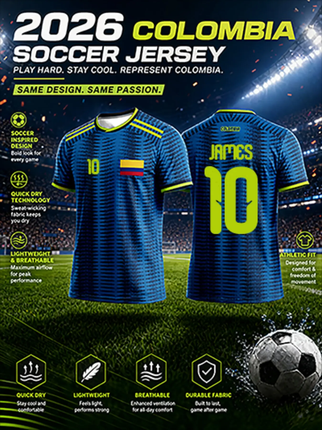 2026 Colombia Away Soccer Jersey, Bright Blue Wave Print, Neon Shoulder Stripes, Quick-Dry Short Sleeve, Sporty Fit, All Seasons, Lightweight Jersey, Soccer Shirts