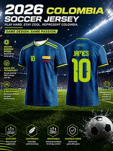 2026 Colombia Away Soccer Jersey, Bright Blue Wave Print, Neon Shoulder Stripes, Quick-Dry Short Sleeve, Sporty Fit, All Seasons