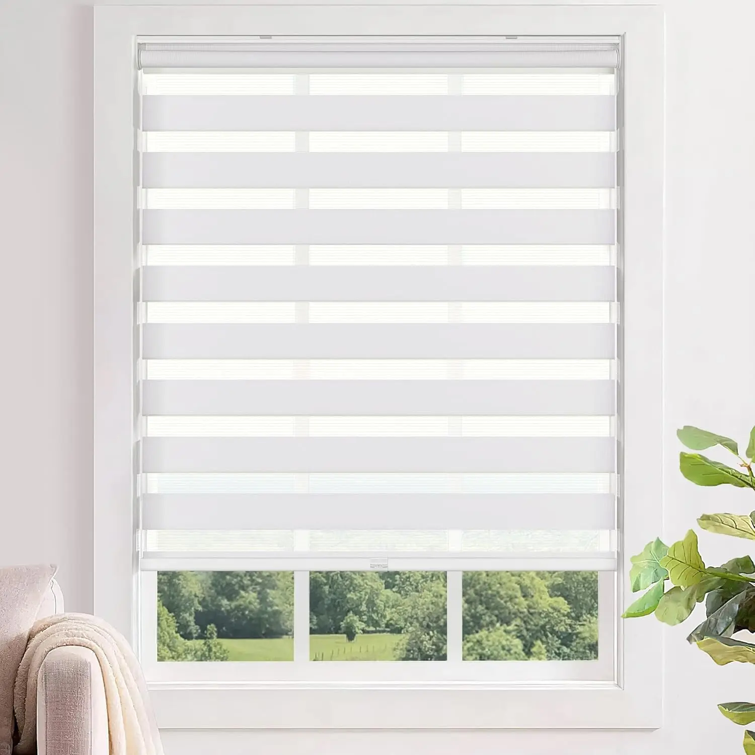 No Tools No Drill Cordless Zebra Blinds 47x48, White | Dual Layer Light Control for Day and Night, Light Filtering Privacy Roller Blinds and Shades for Home